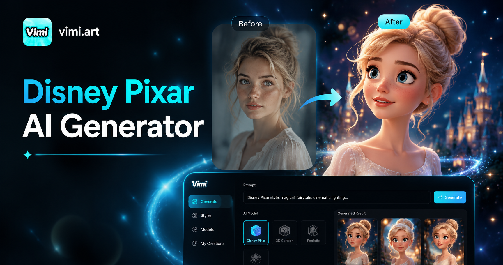 ディズニーピクサーAIジェネレーター：VimiでディズニーピクサースタイルのAI画像を作成