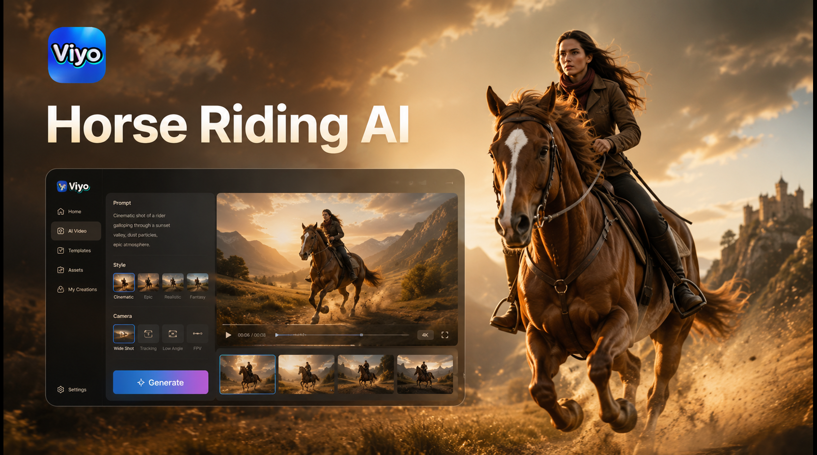 Generador de Paseos a Caballo con IA Viyo para Videos de Equitación Cinematográficos