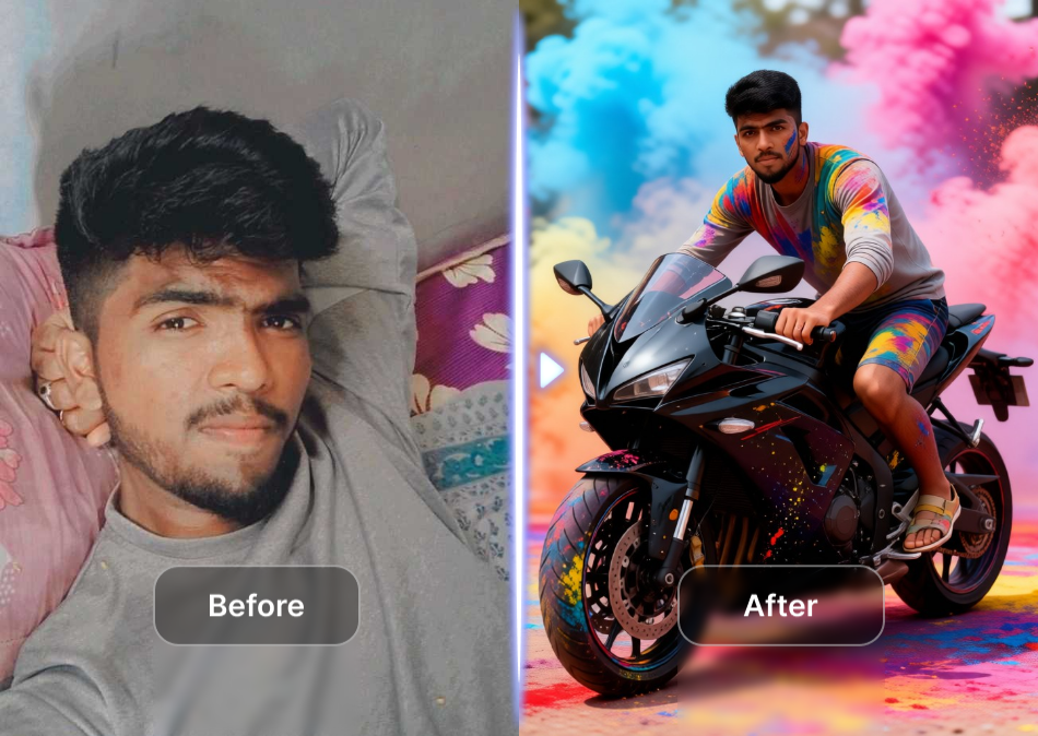 Before and after photo animation showing a static portrait transformed into a smiling, animated version