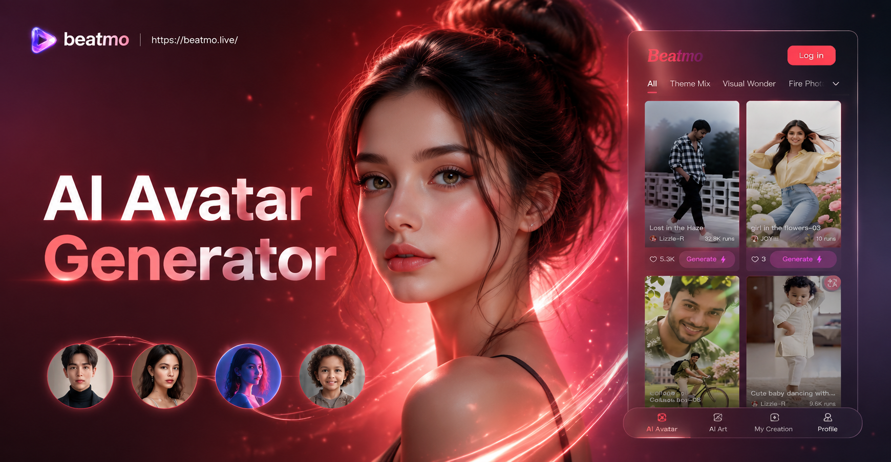 AI Avatar Generator results showing before and after photo transformation