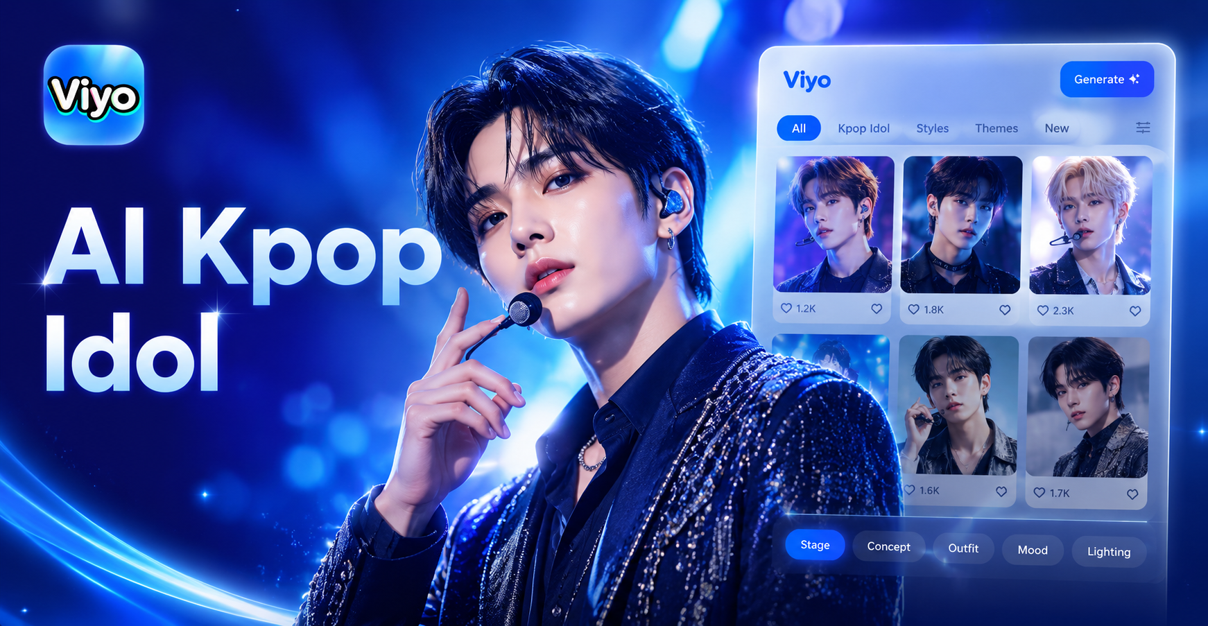 KI-generiertes Kpop-Idol mit lebhaftem Bühnenoutfit