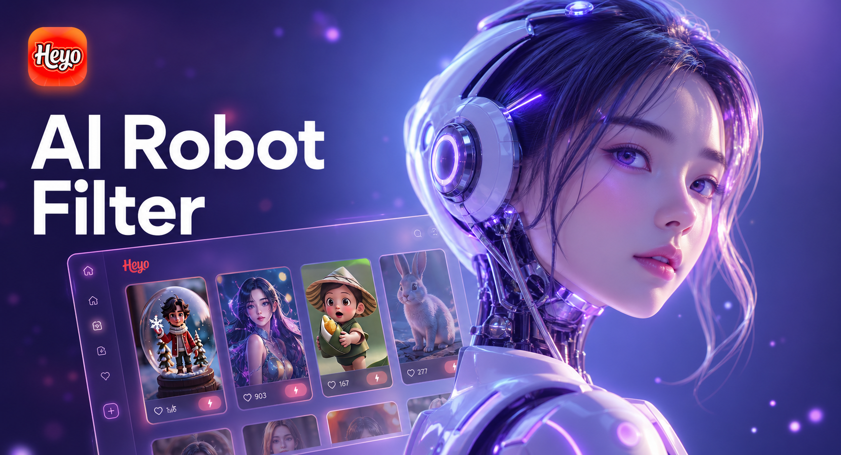 AI robot filter transforming a human portrait into a cyborg with particle effects