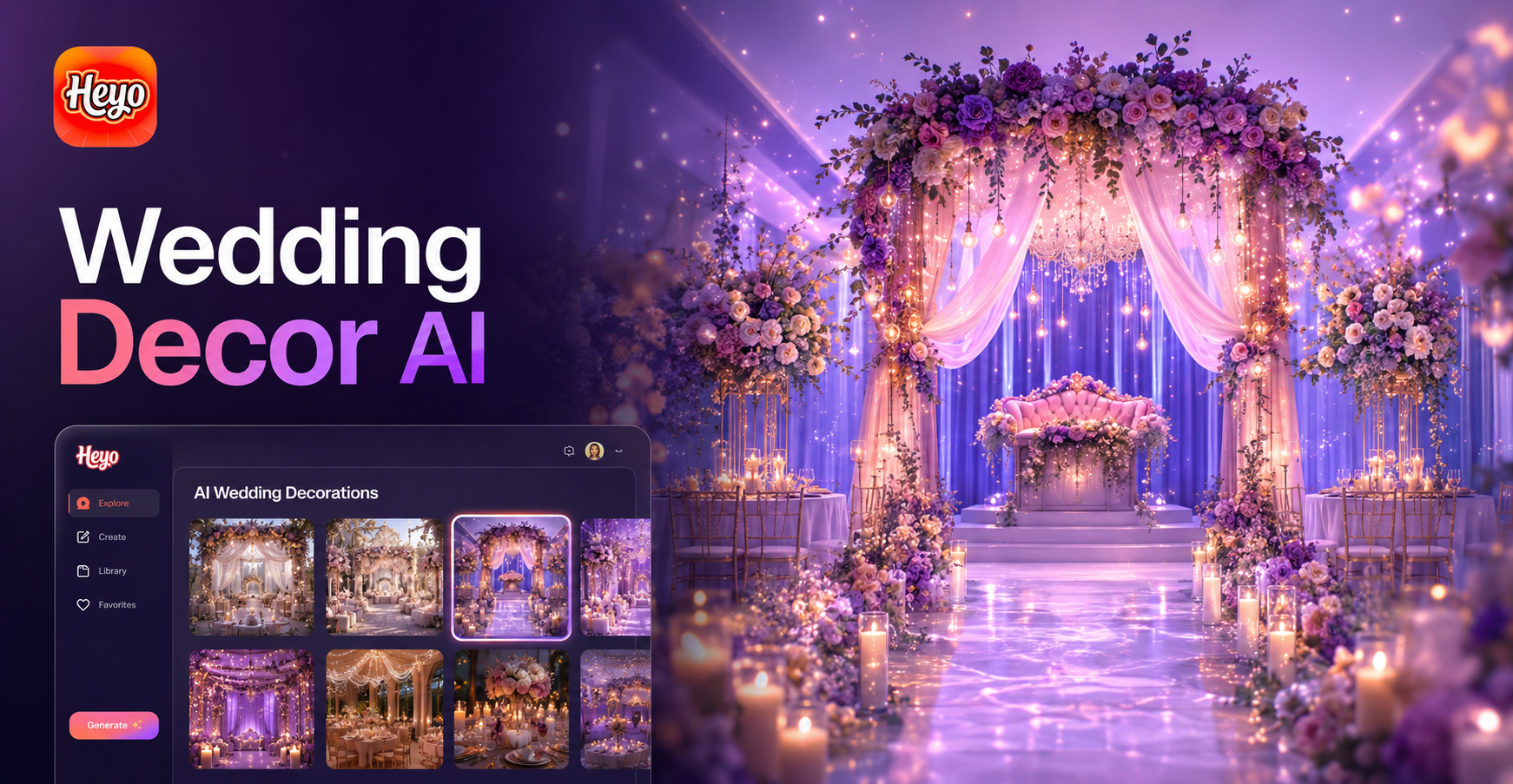 AI generated elegant wedding venue with floral arch and tablescape