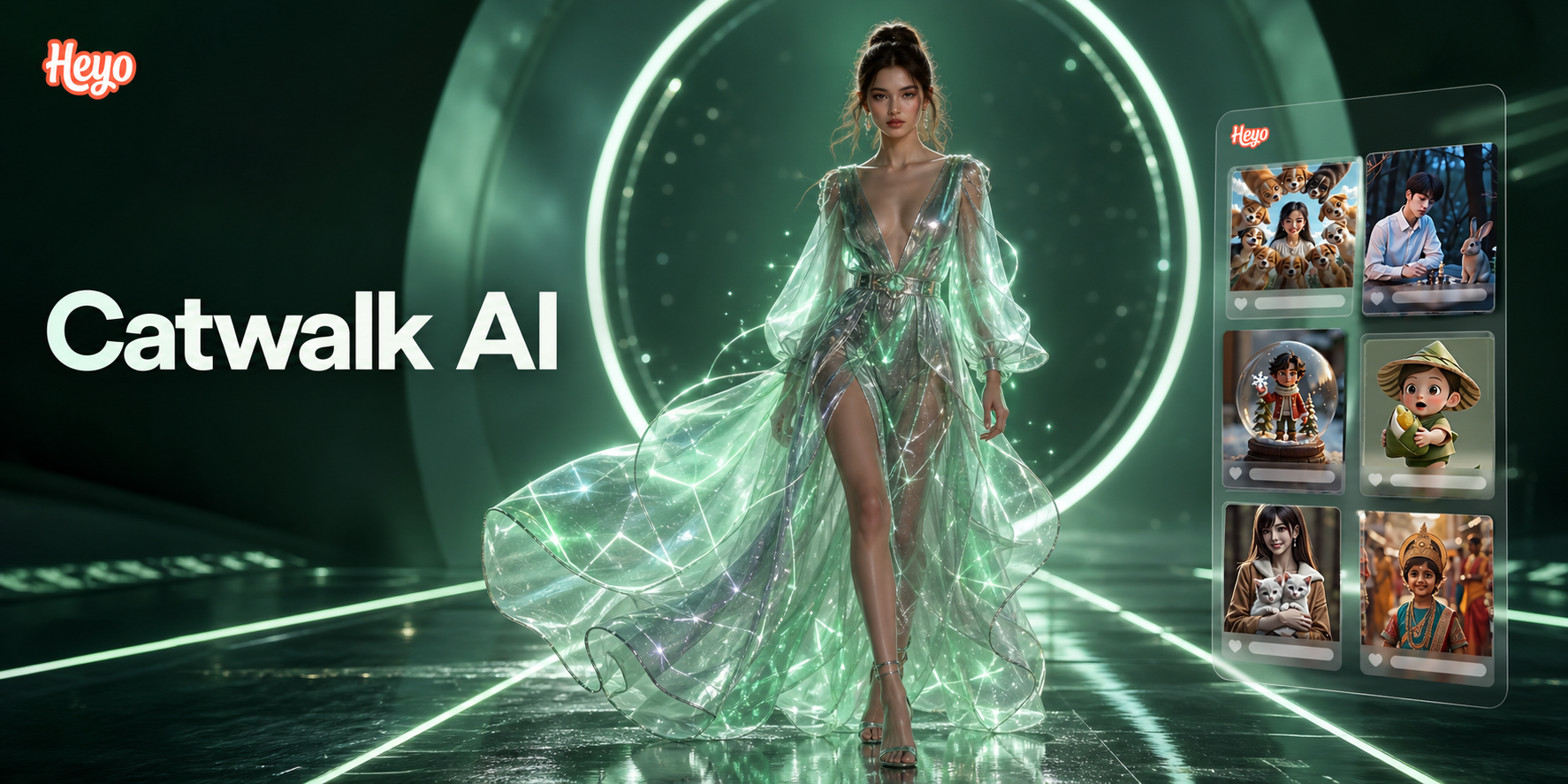 AI generated catwalk fashion show with models on virtual runway