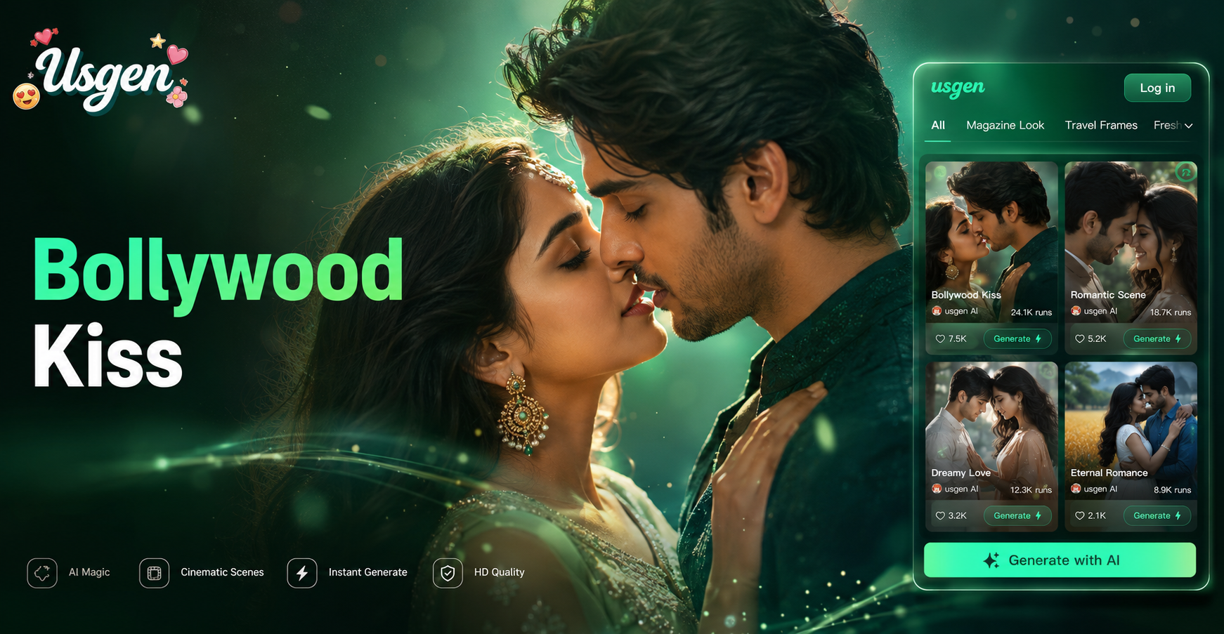 Usgen Bollywood Kiss Video Generator - Create Romantic AI Videos