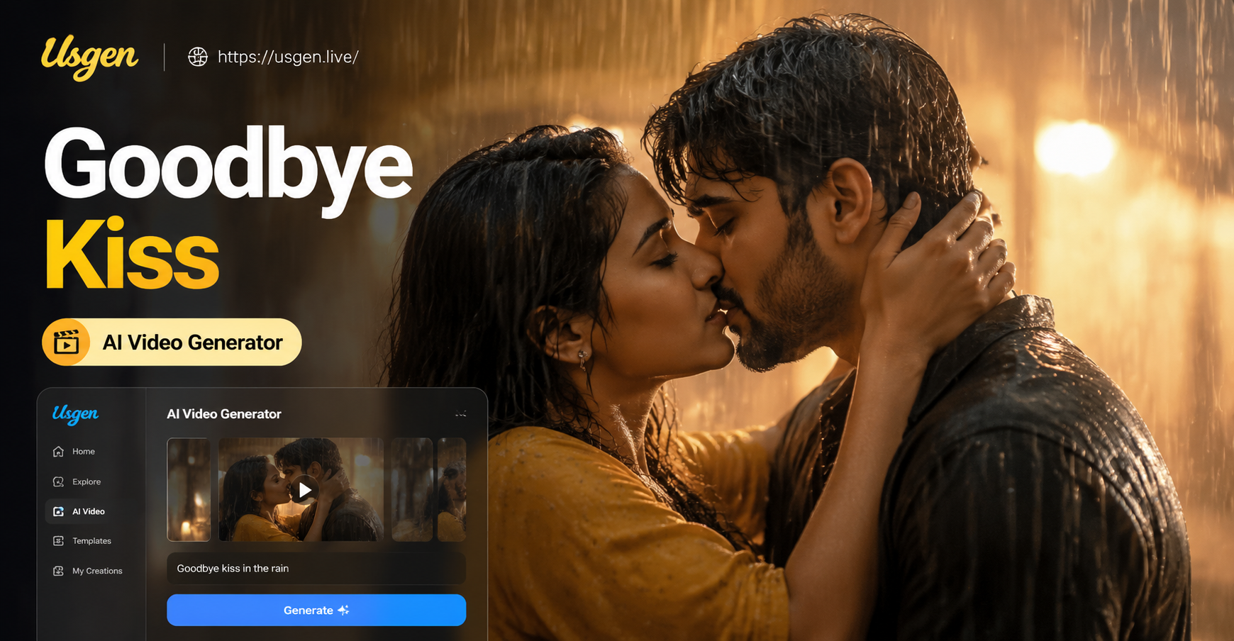 AI generated goodbye kiss in rain video scene with emotional lighting