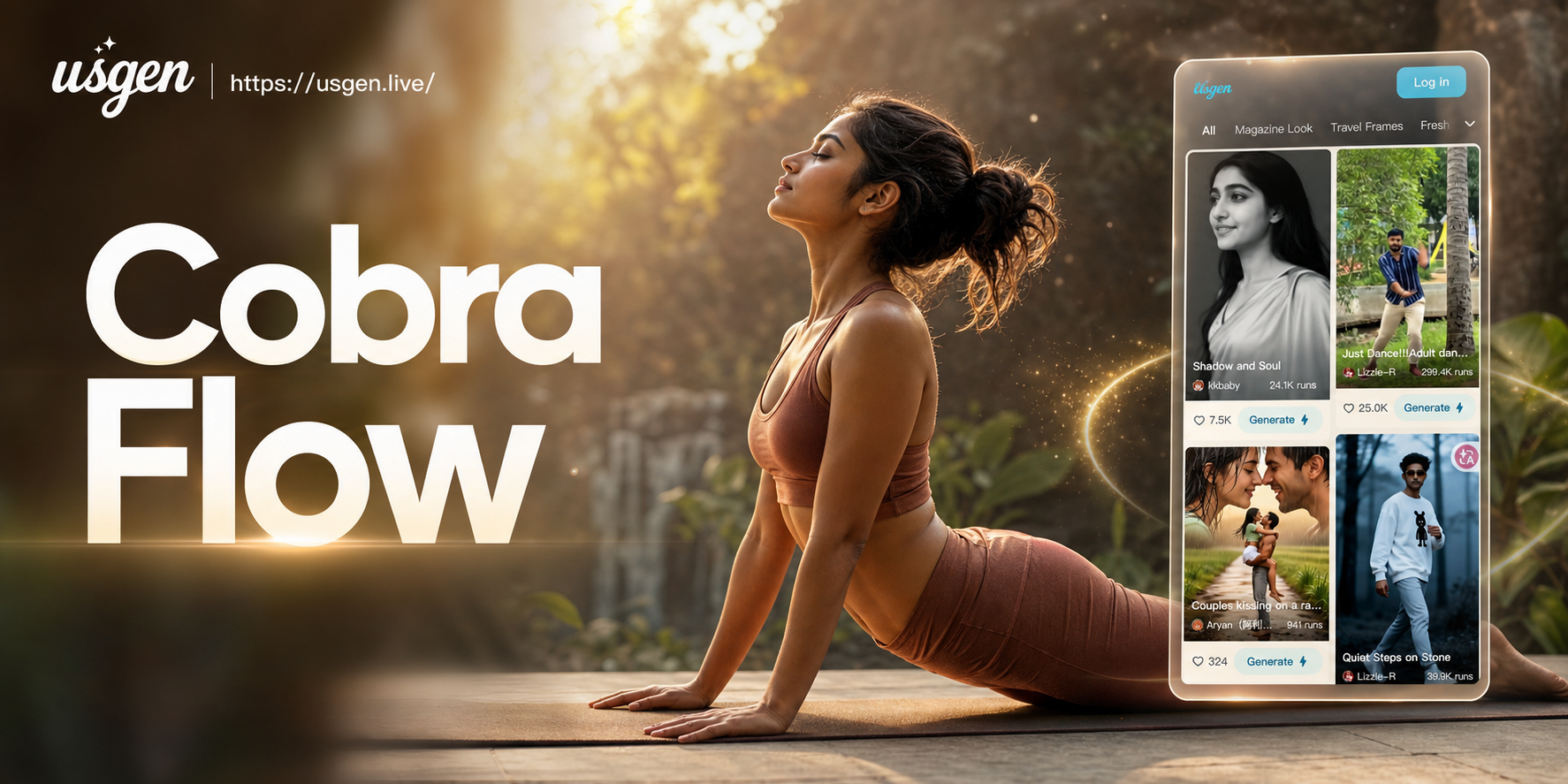 AI generated outdoor cobra pose yoga photo in a serene forest