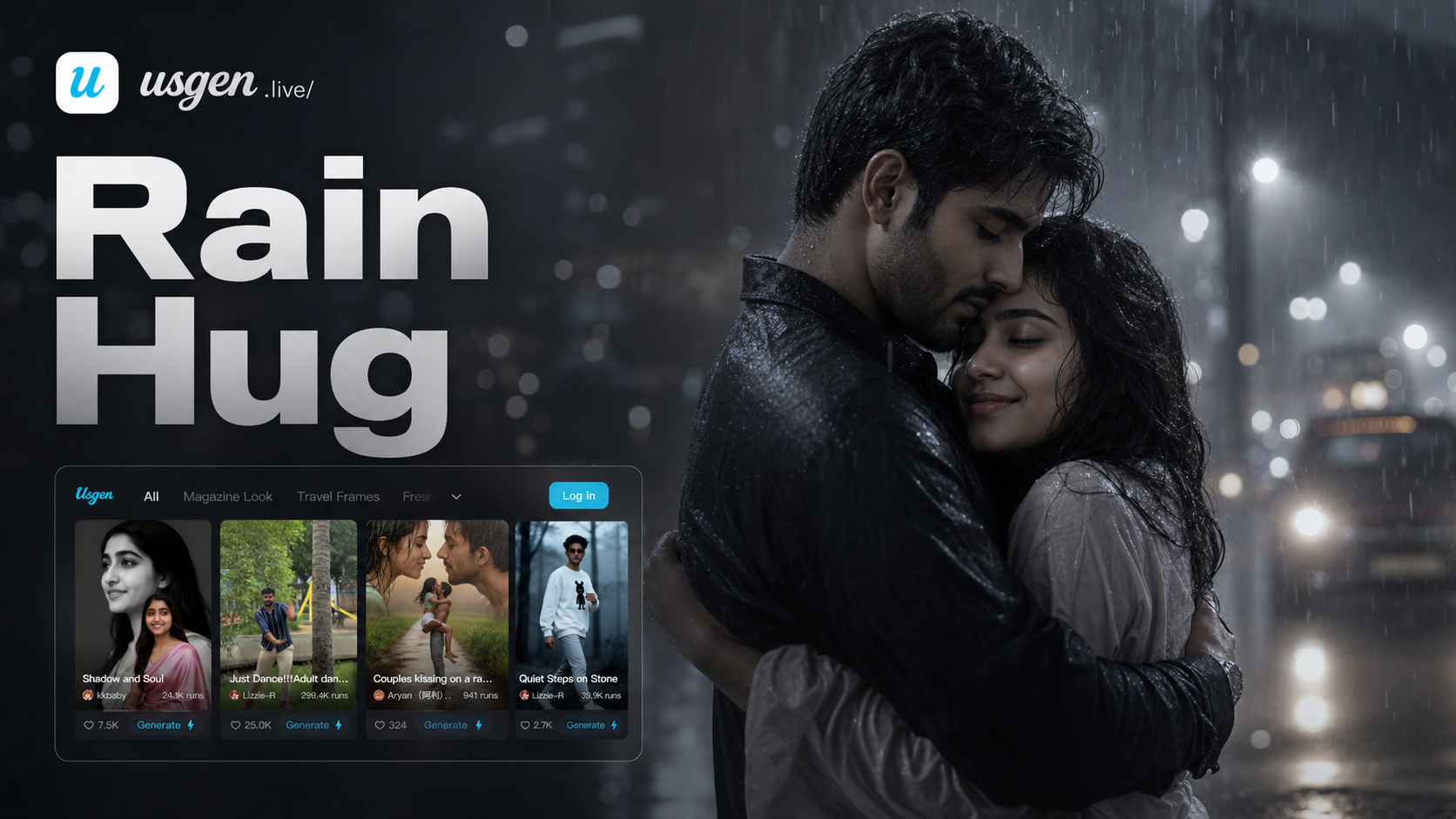 AI street rain hug video example