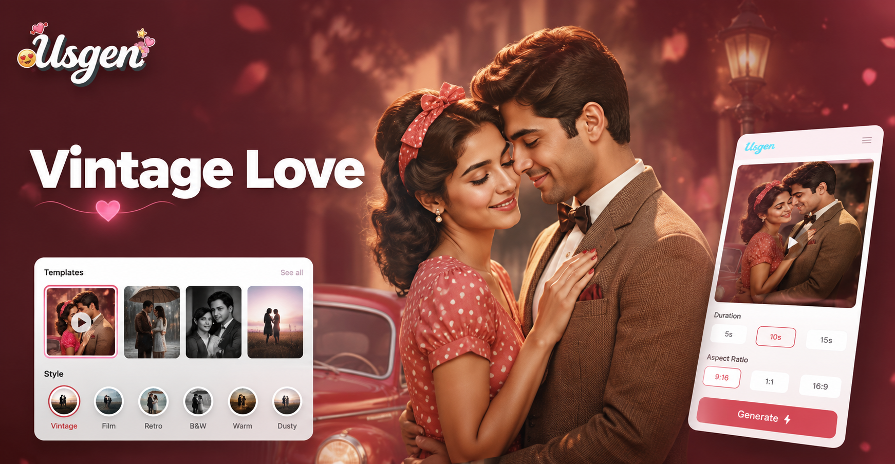 AI vintage couple video template example showing romantic retro film effect