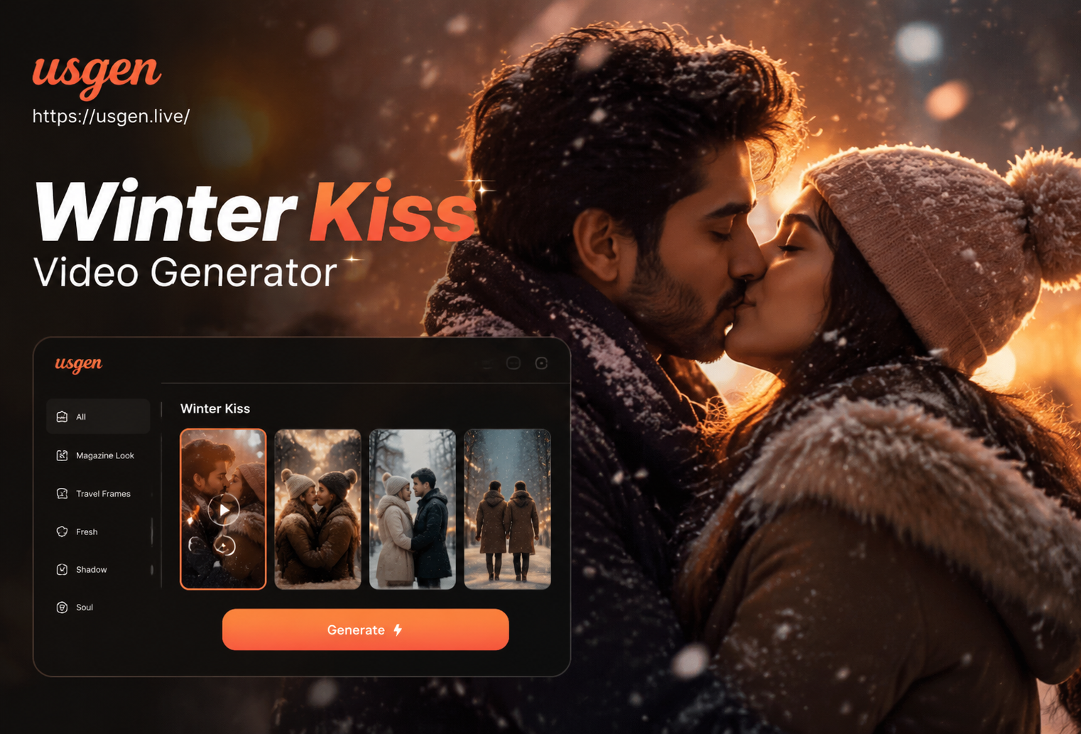 AI generated winter kiss video animation of a couple