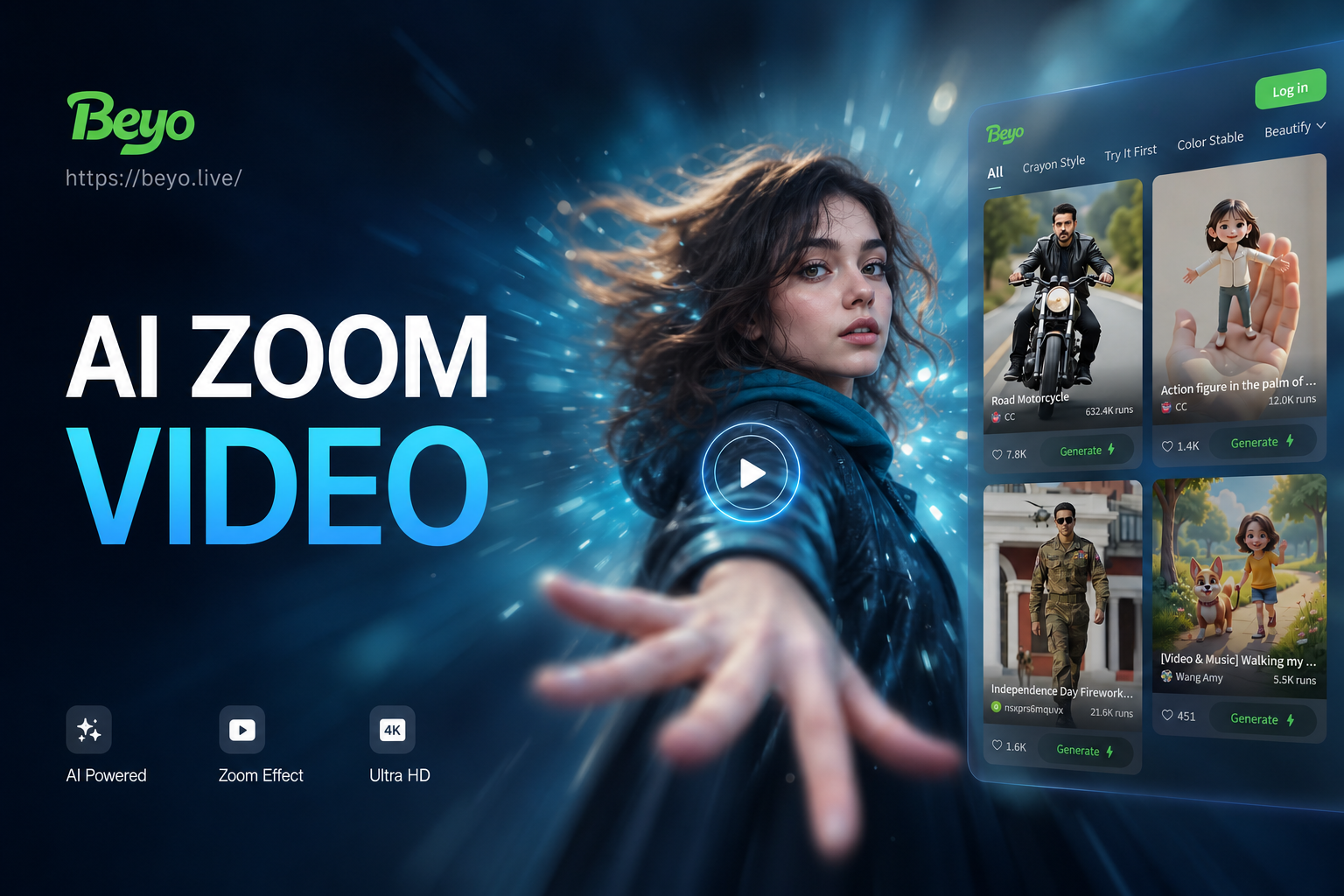 Efeito de Vídeo Zoom In com IA - Crie Efeitos de Vídeo Zoom In Incríveis Instantaneamente