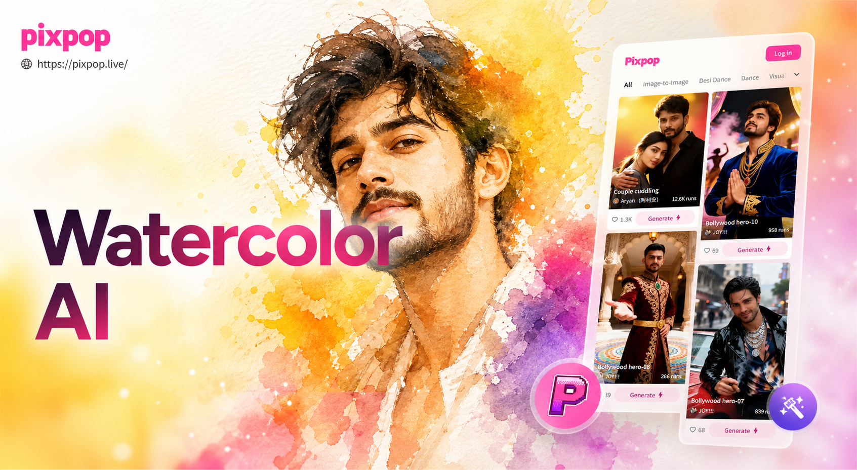 Pixpop AI Watercolor Portrait Effects – Künstlerische Porträt-Prompts