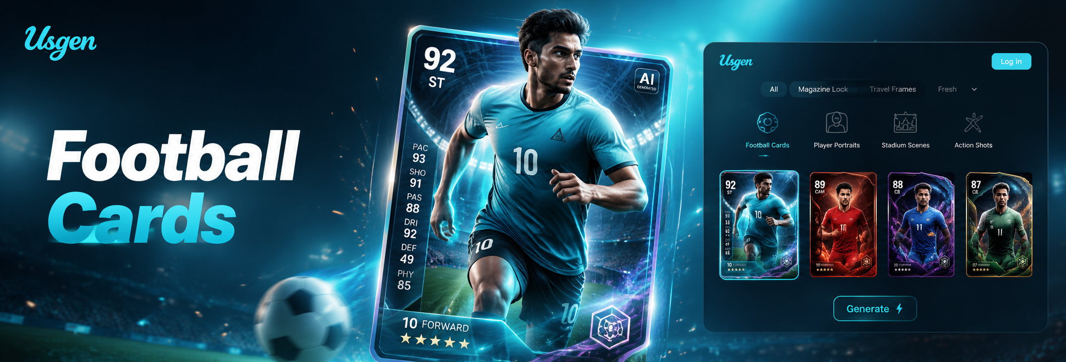 AI generated football player card examples, FIFA and Panini styles