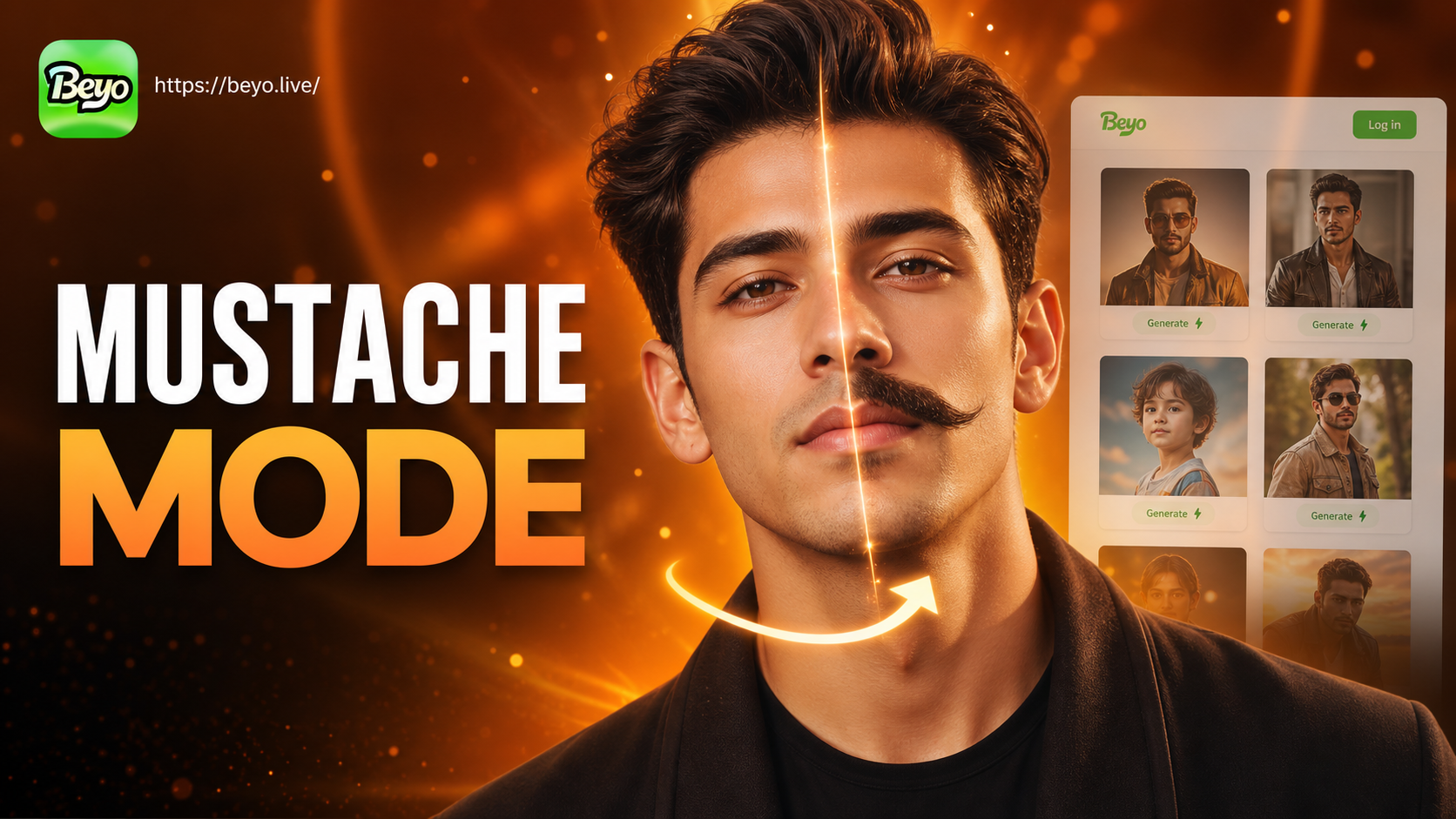 AI mustache added to a photo showing before and after transformation