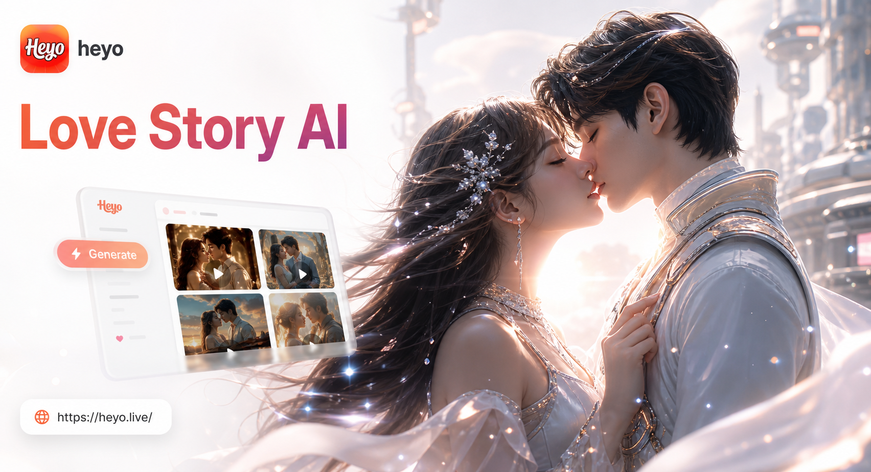 Heyo AI Romantic Love Story Kiss Video Generator – Heartwarming Couple Kiss Animations