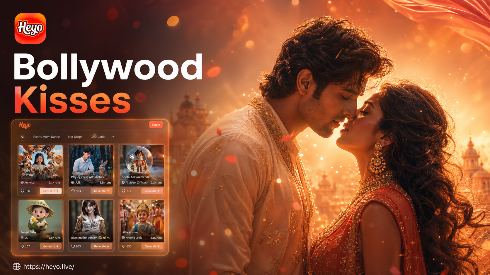 Heyo AI Bollywood Kiss Video Generator: Passionate Bollywood Style Kiss Videos
