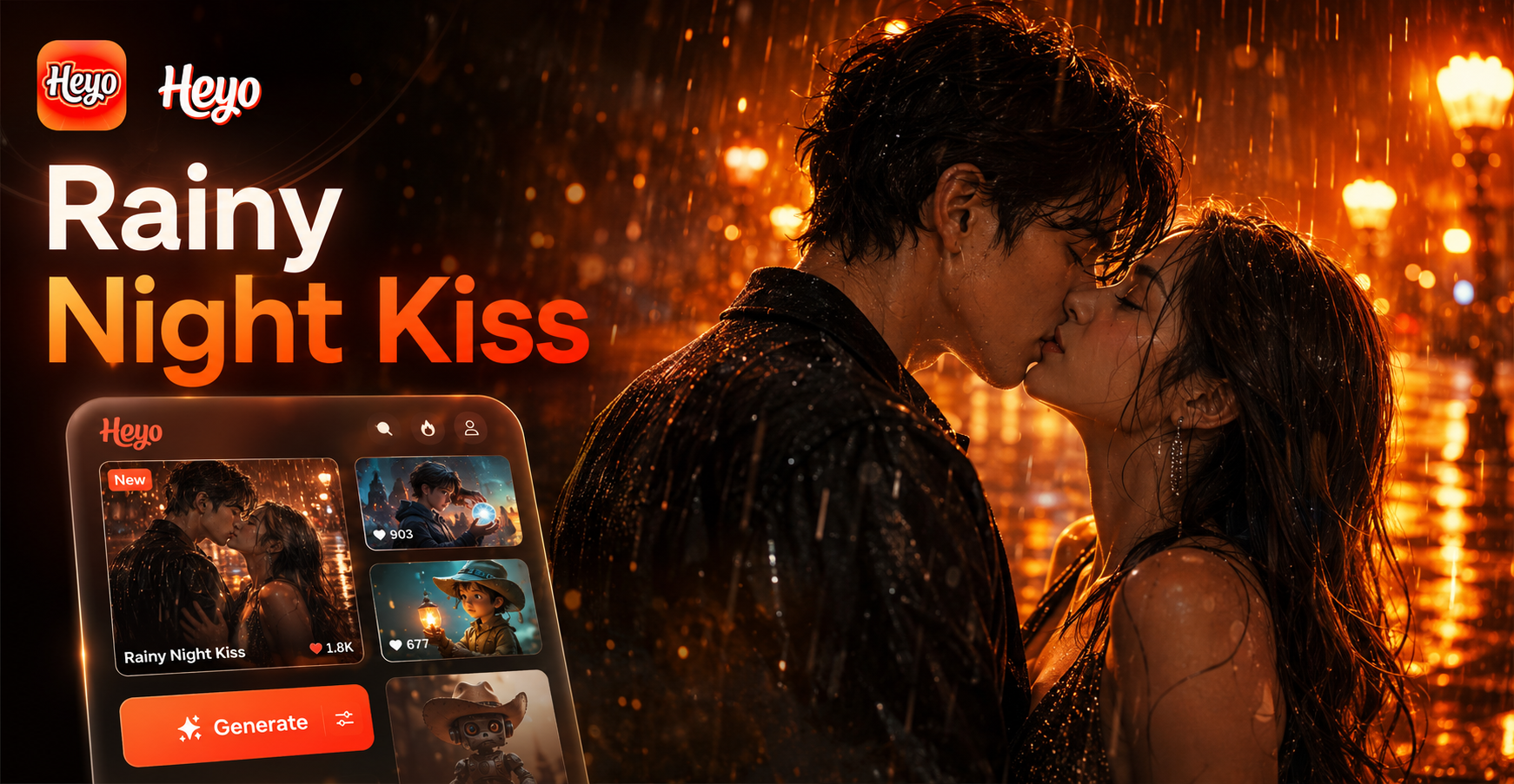 Heyo AI Cinematic Rainy Night Kiss Generator: Passionate Rainy Romance Videos