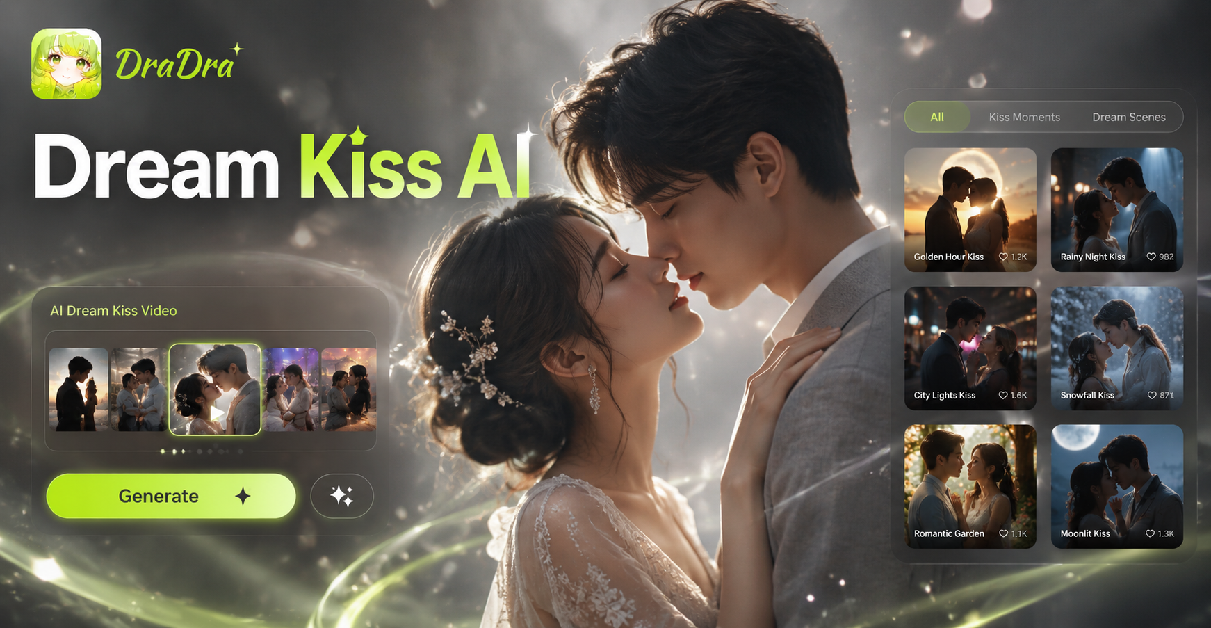 AI Dream Kiss Video Generator - Create beautiful dream kiss animations with Dradra