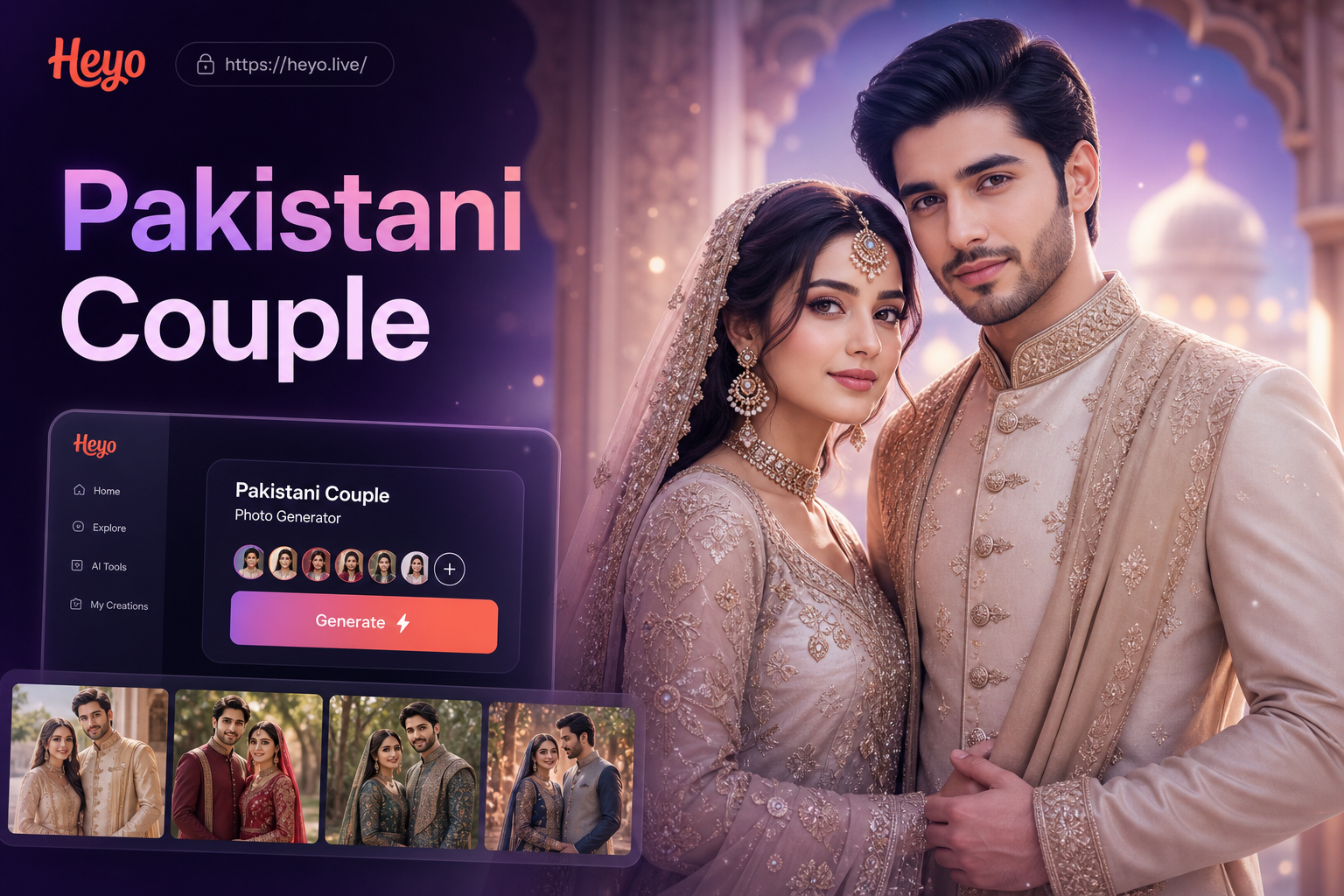 AI generated Pakistani traditional couple portrait in Sherwani and Lehenga