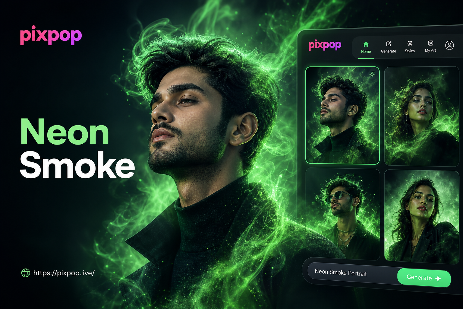 AI generated neon smoke portrait example