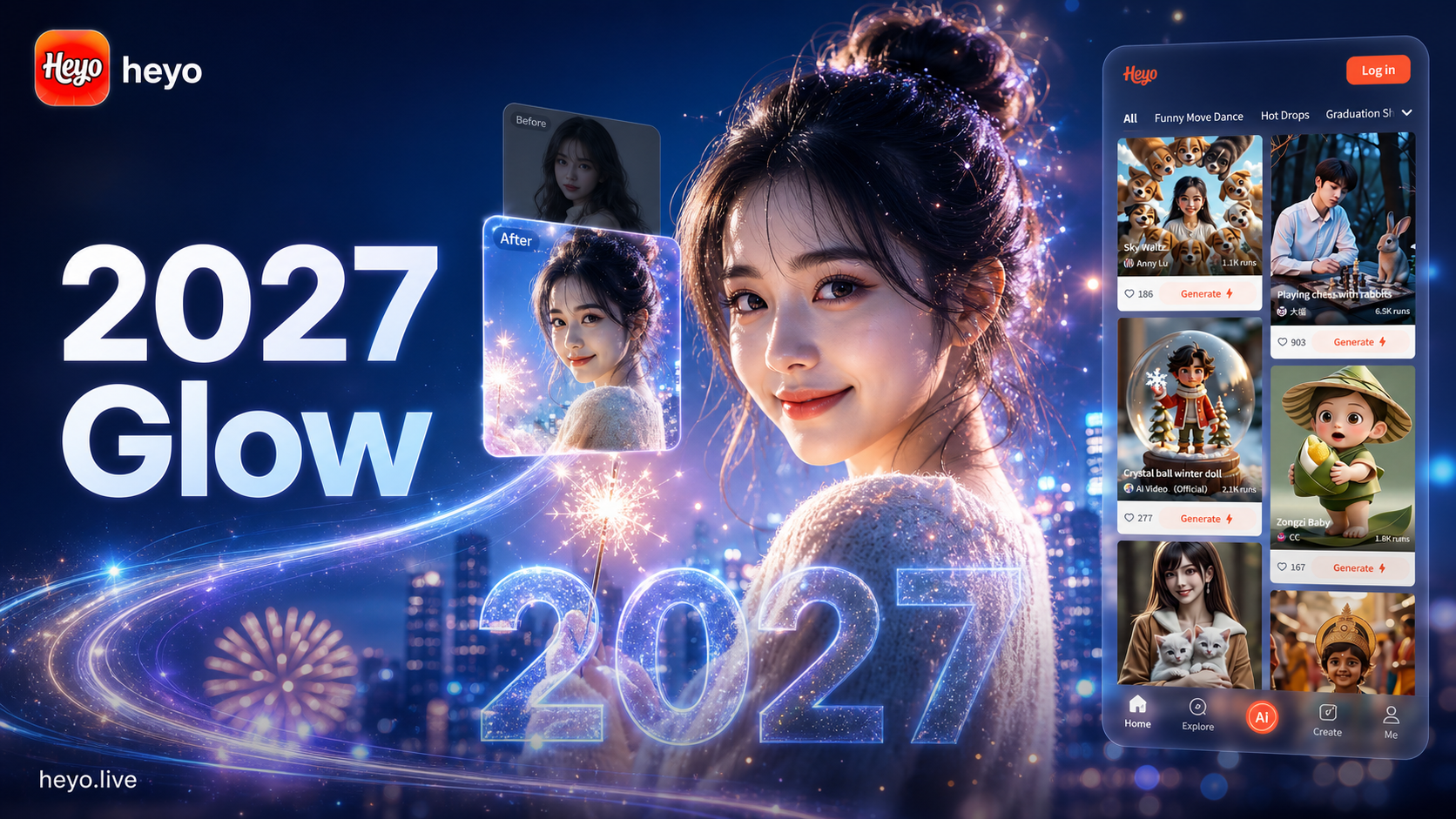 Exemplo de editor de fotos com fogos de artifício para o Ano Novo 2027