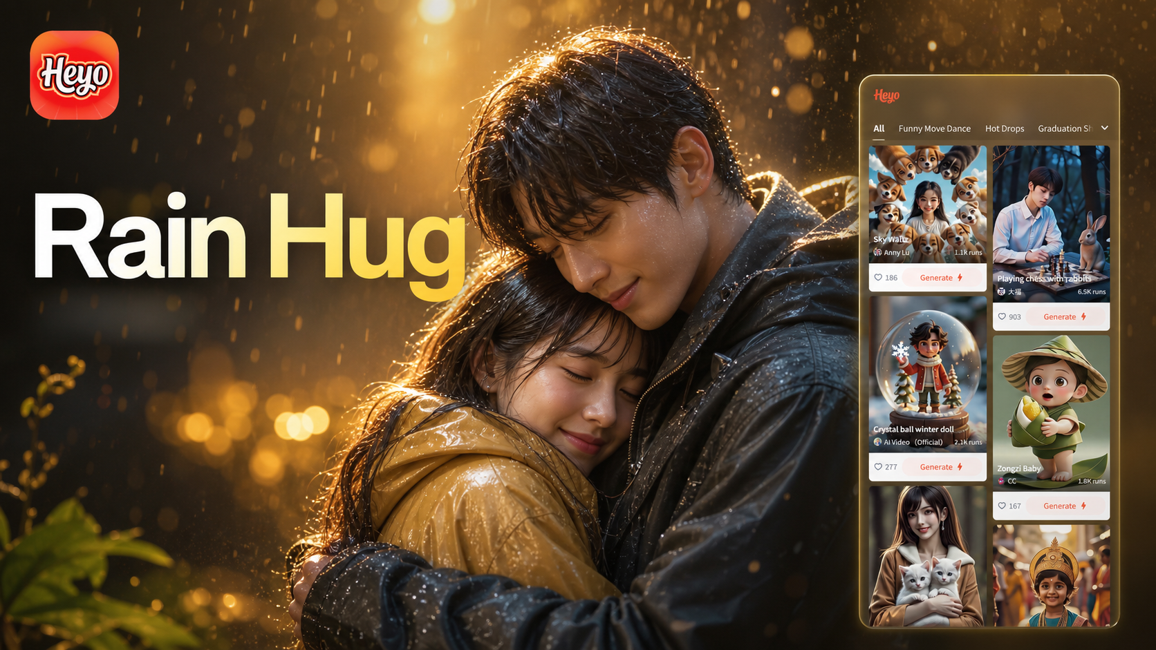 AI two photos hugging in rain animation result