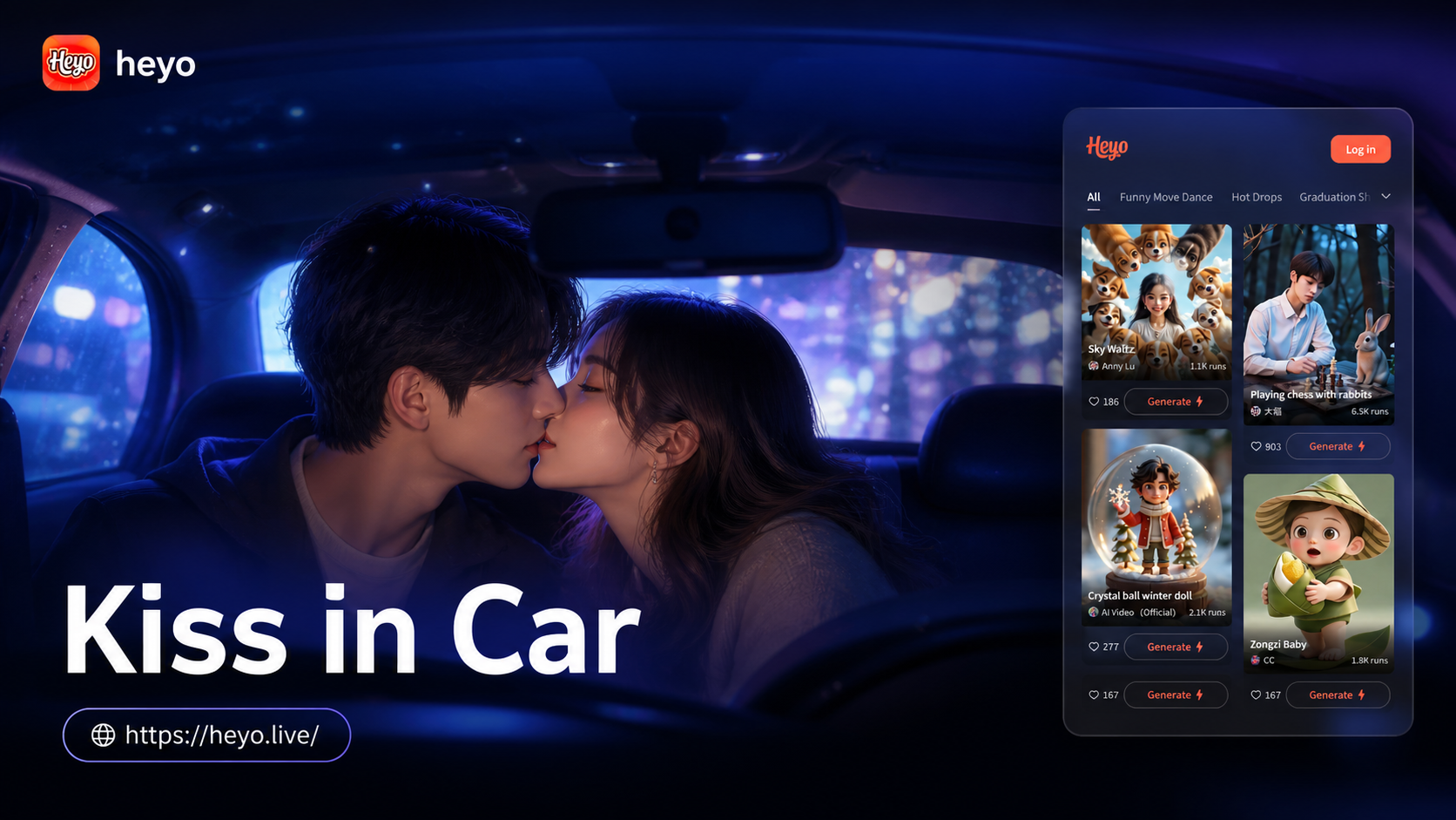 Cinematic car kiss animation result showing two photos kissing
