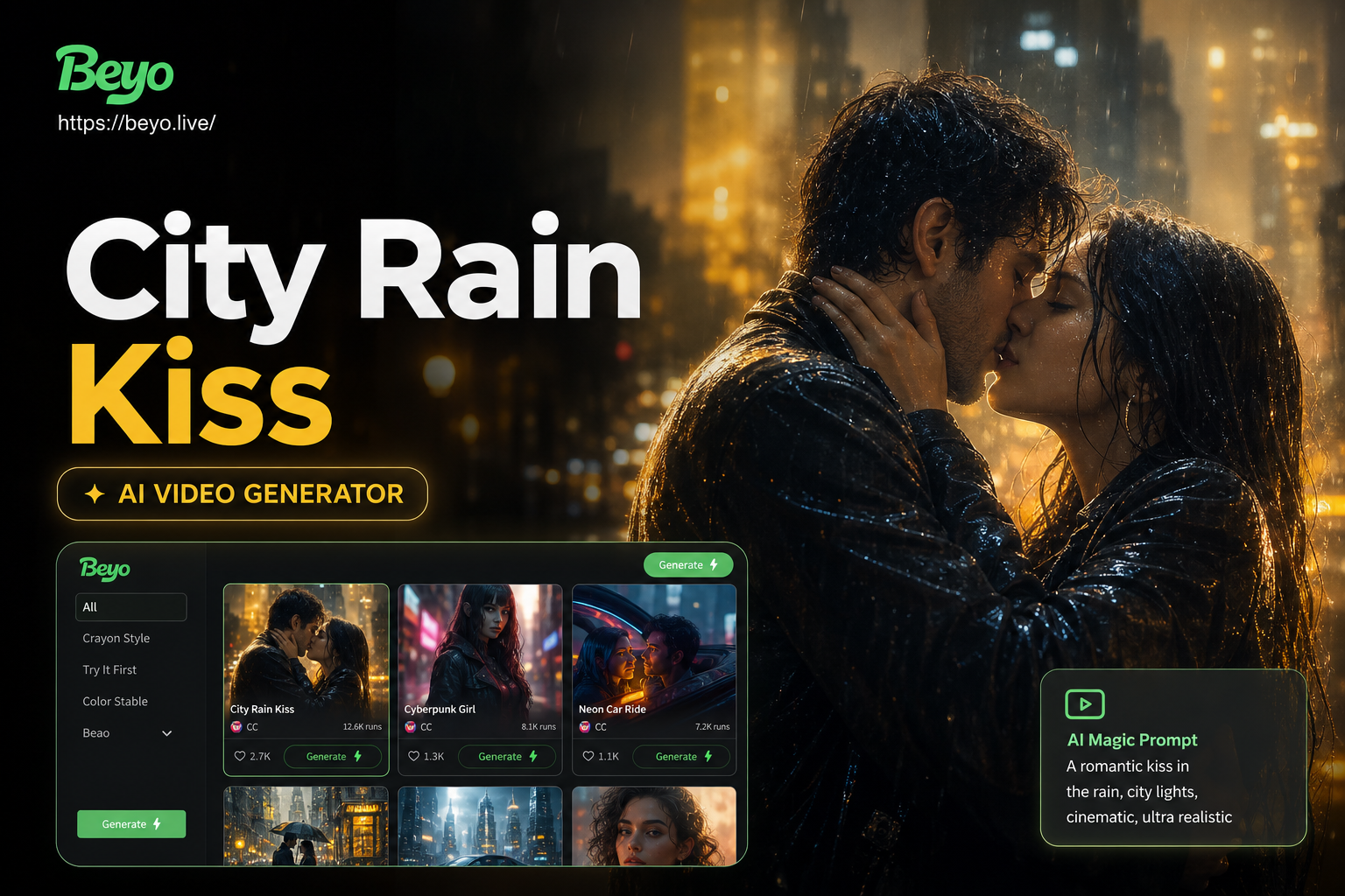 街中雨キス動画メーカー: シネマティックなロマンスを作成