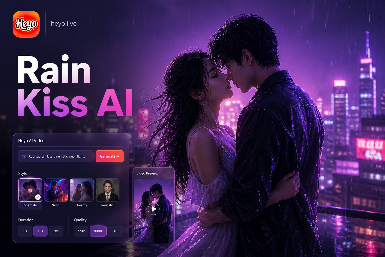 Crea Videos Cinematográficos de Beso bajo la Lluvia en la Azotea con IA