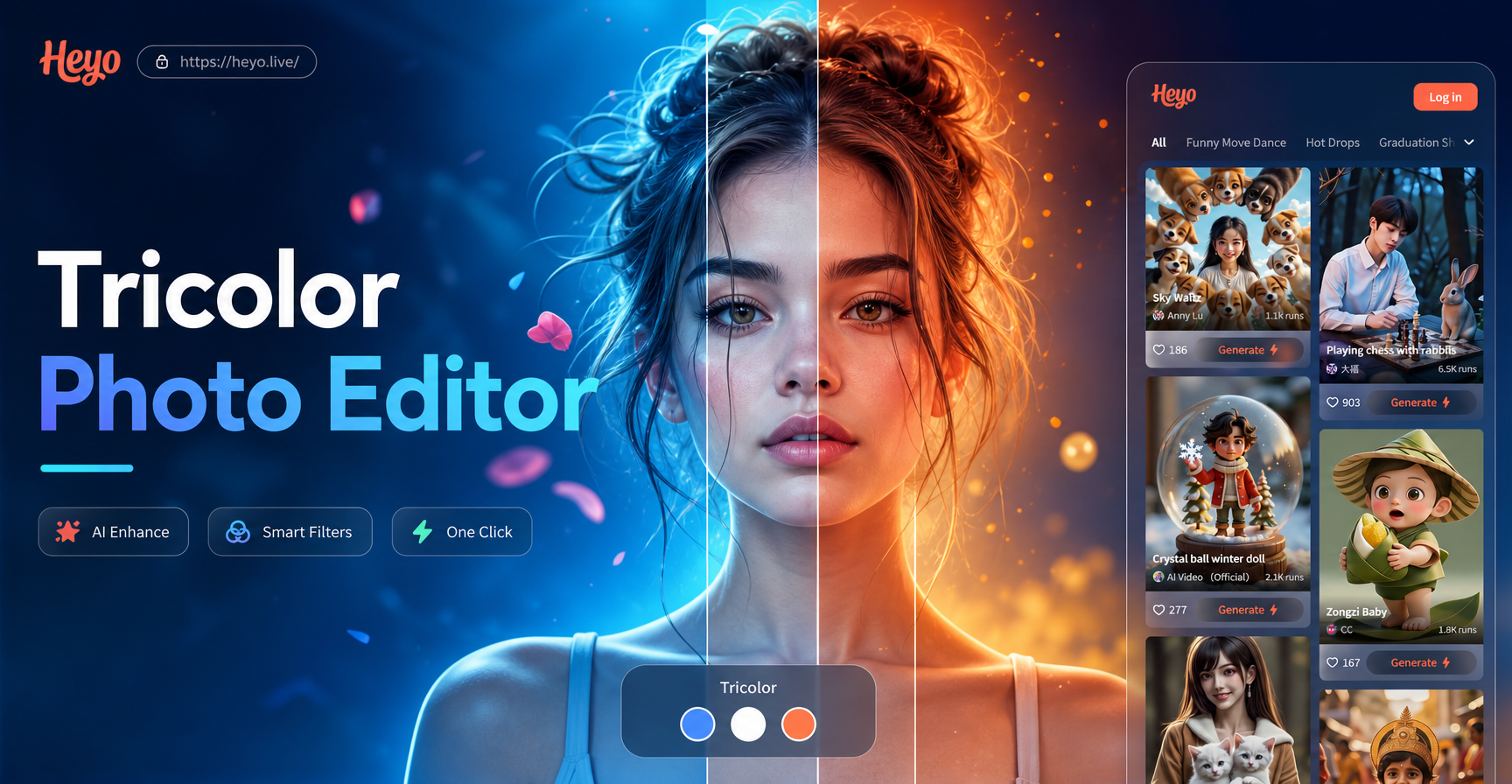 Tricolor photo editor app showing before and after RGB split effect