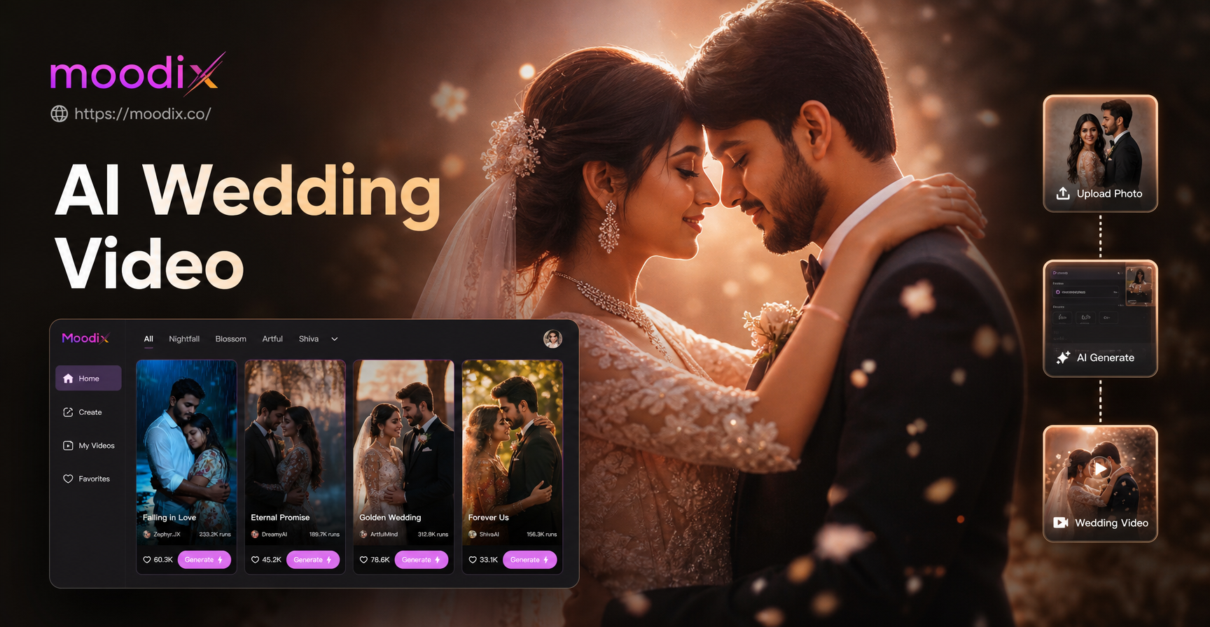 Gerador de Vídeo de Casamento por IA criando um filme romântico