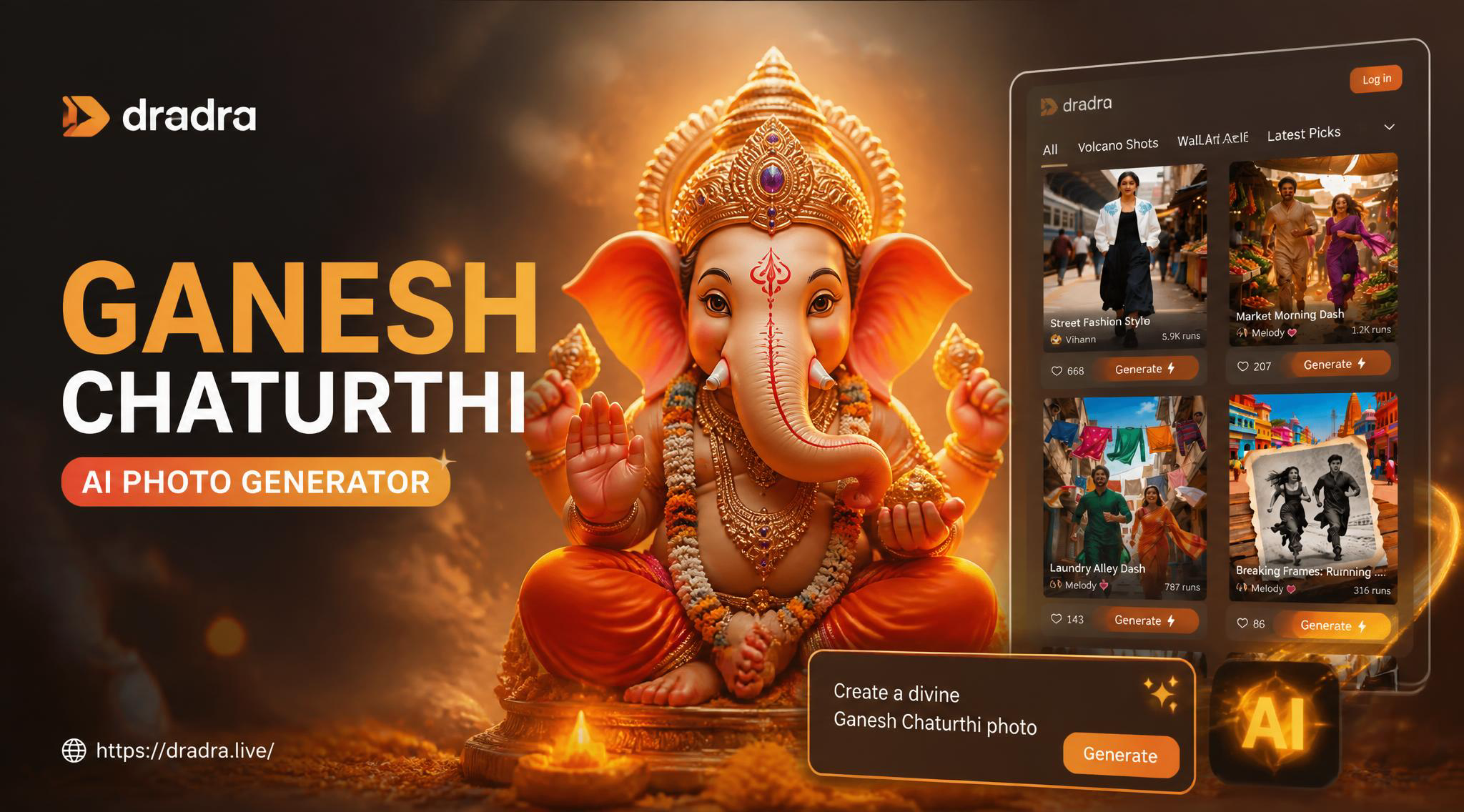 Ganesh Chaturthi AI generated photo of a family with Lord Ganesha background