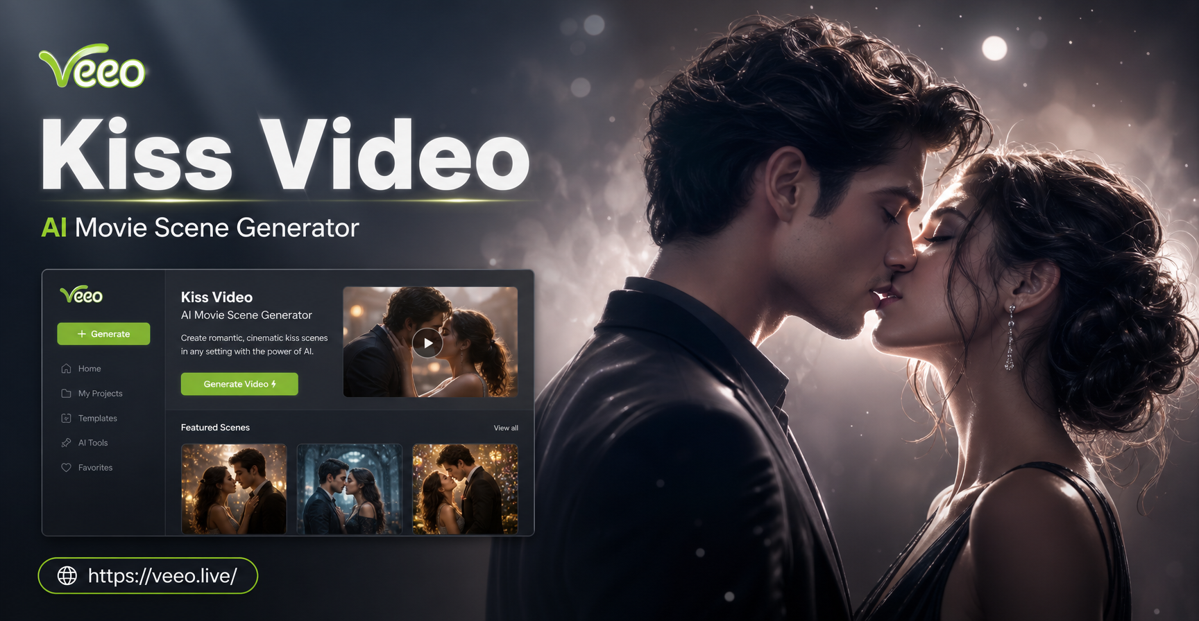 Generador de Videos de Besos de Escenas de Películas con IA mostrando un beso romántico cinematográfico