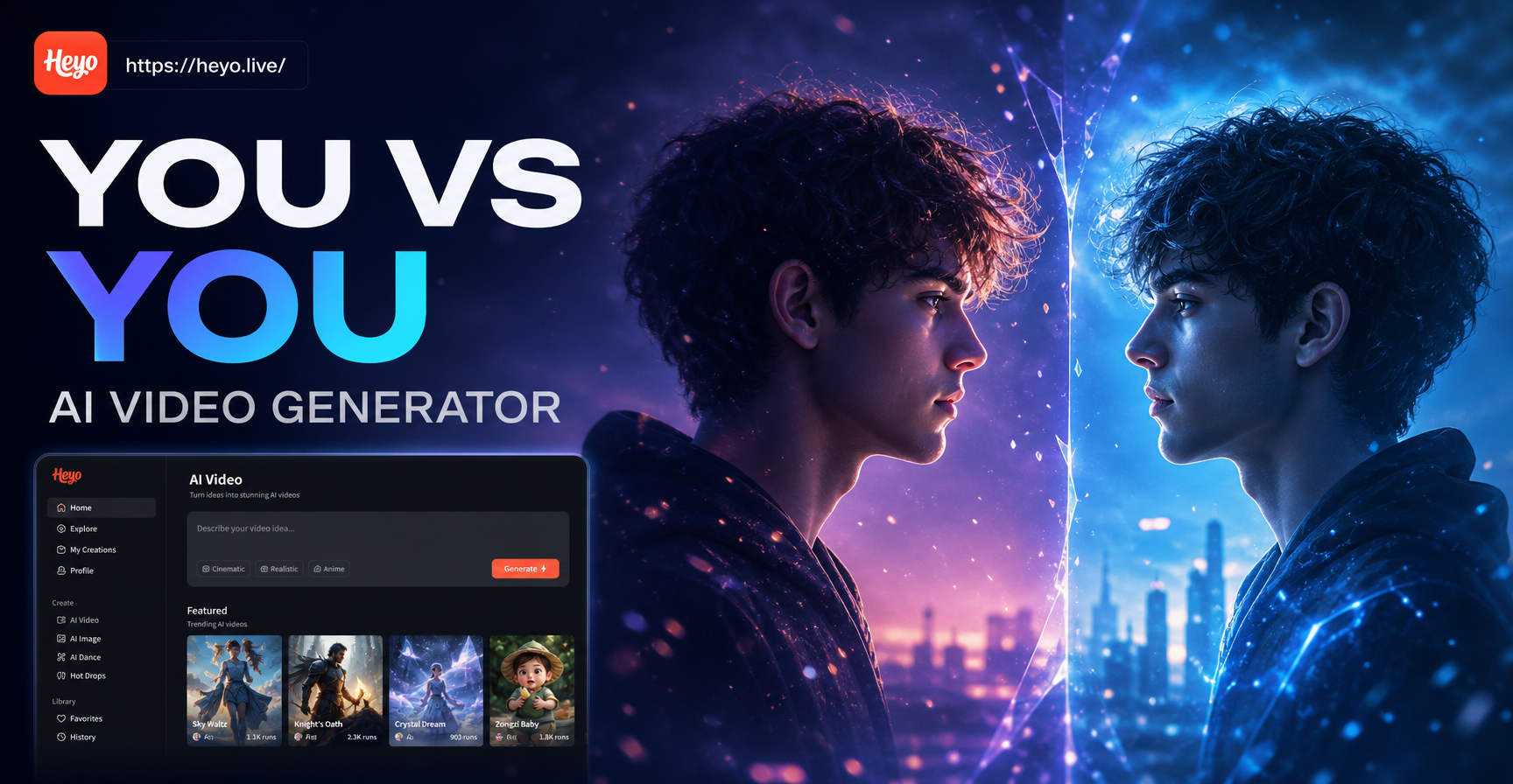 You vs You AI video generator example showing a person in two contrasting styles