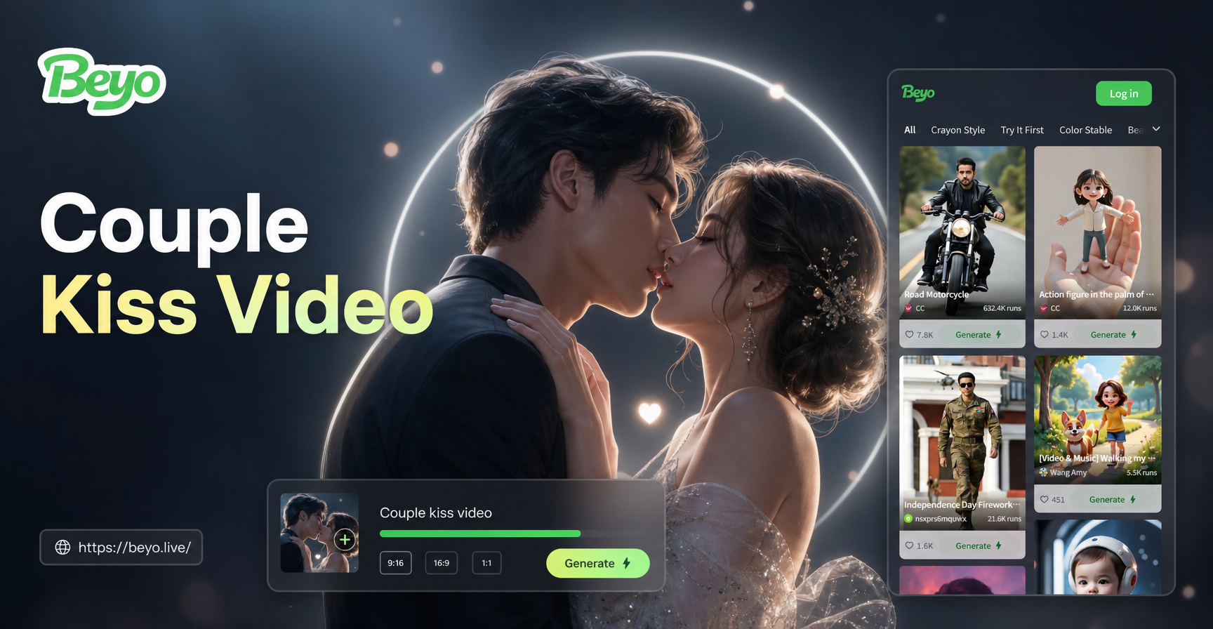 AI generated couple avatar kiss animation video