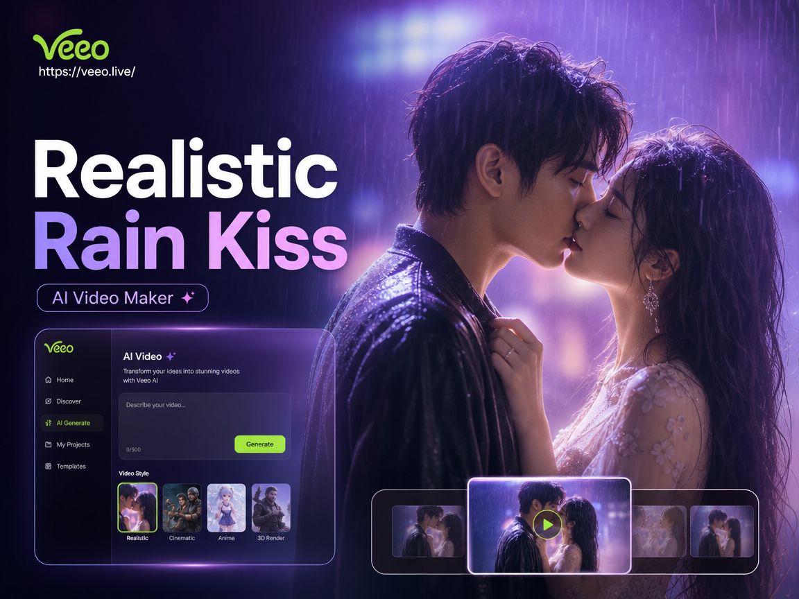 Efecto de video de beso bajo la lluvia realista antes y después de la transformación