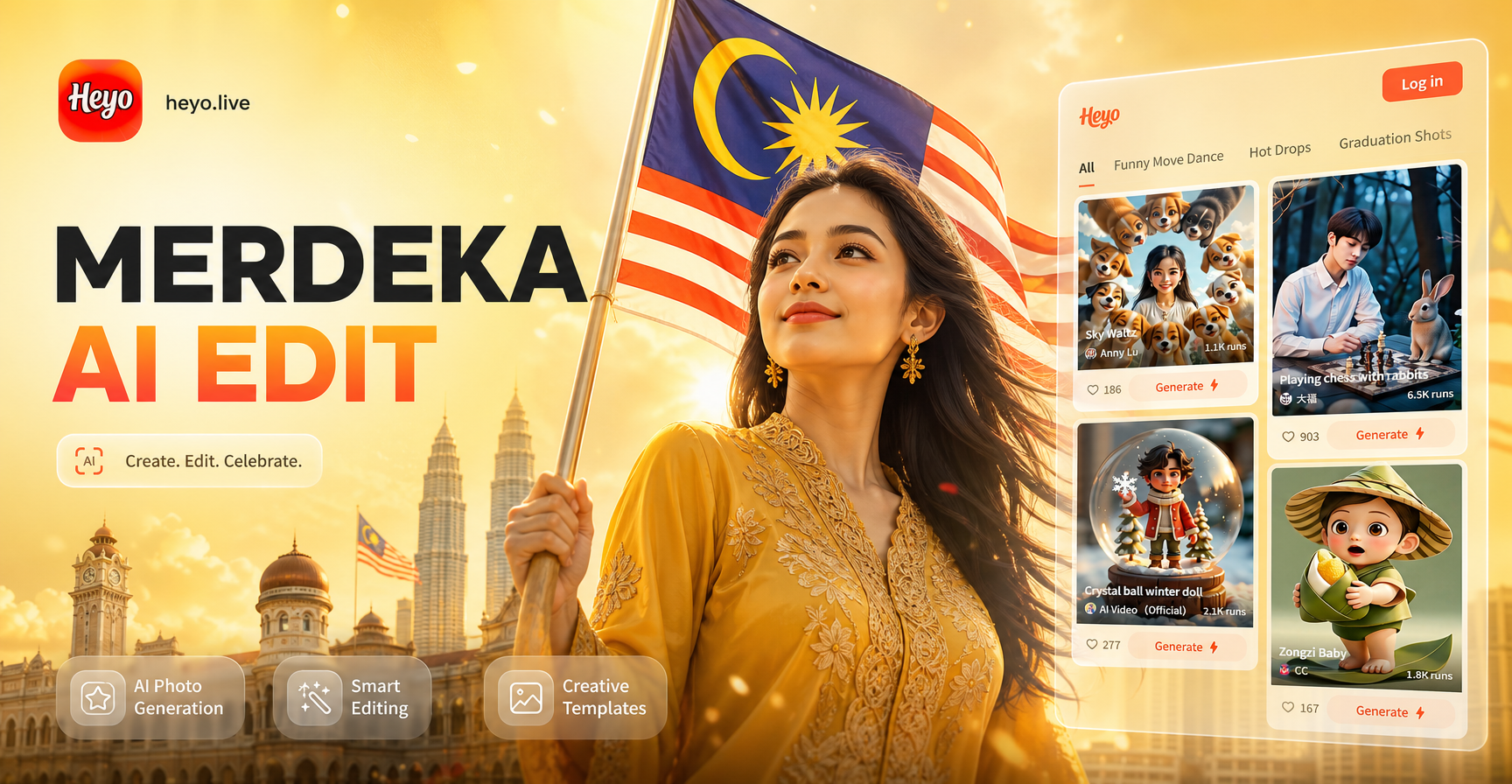 AI edited Merdeka photo with flag and fireworks