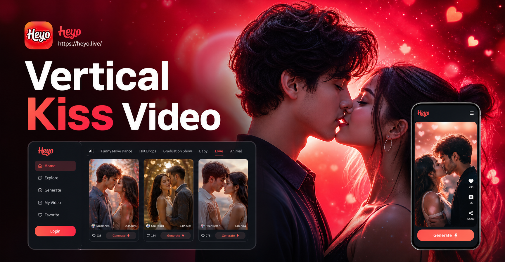 Vertical AI kiss video animation from a couple photo