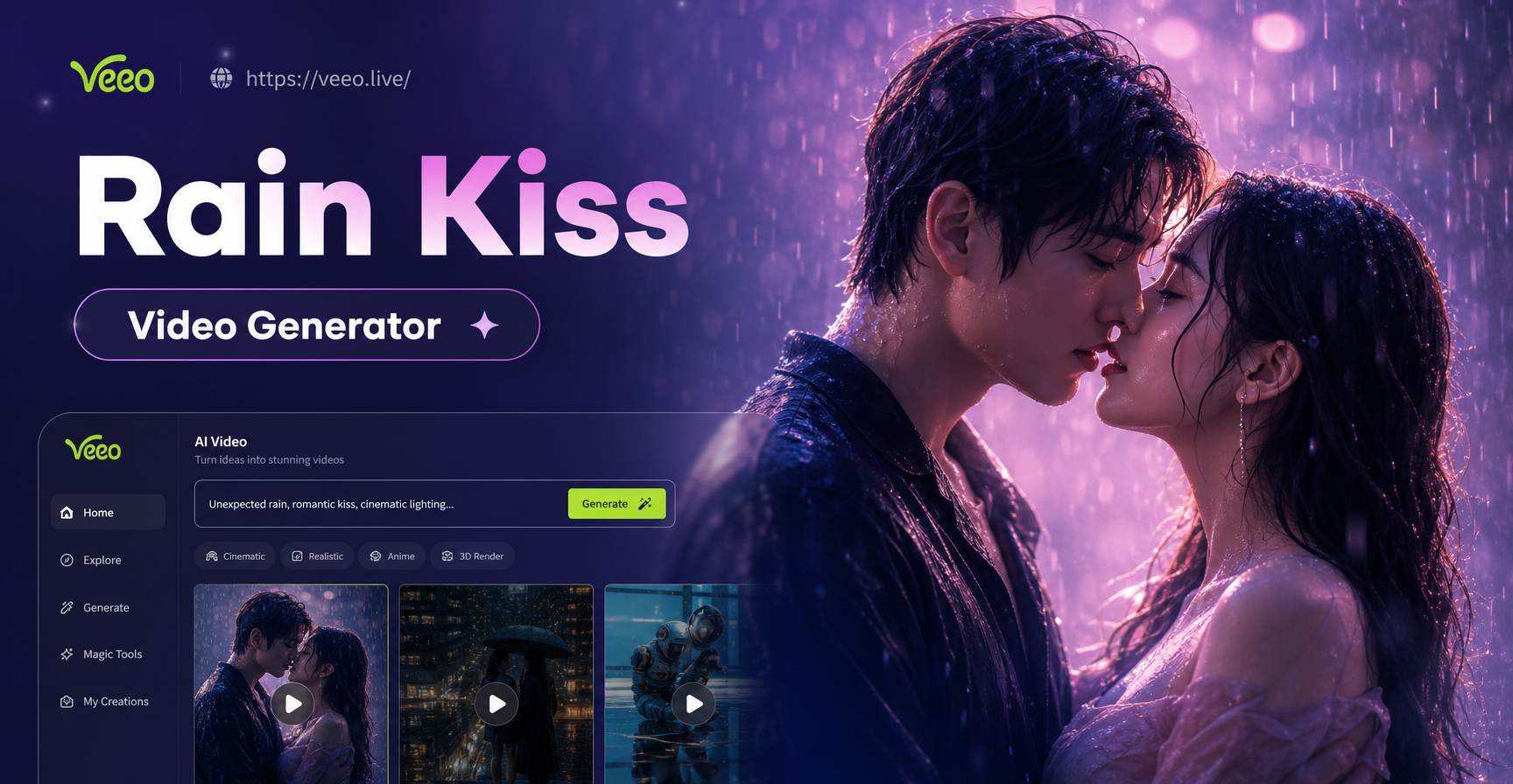 Unexpected rain kiss AI video example