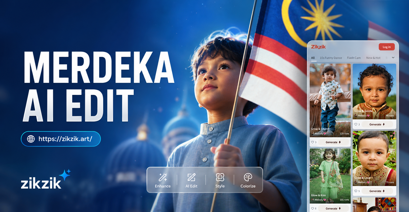 Penyuntingan foto AI dengan tema Merdeka menampilkan bendera Indonesia dan transformasi batik