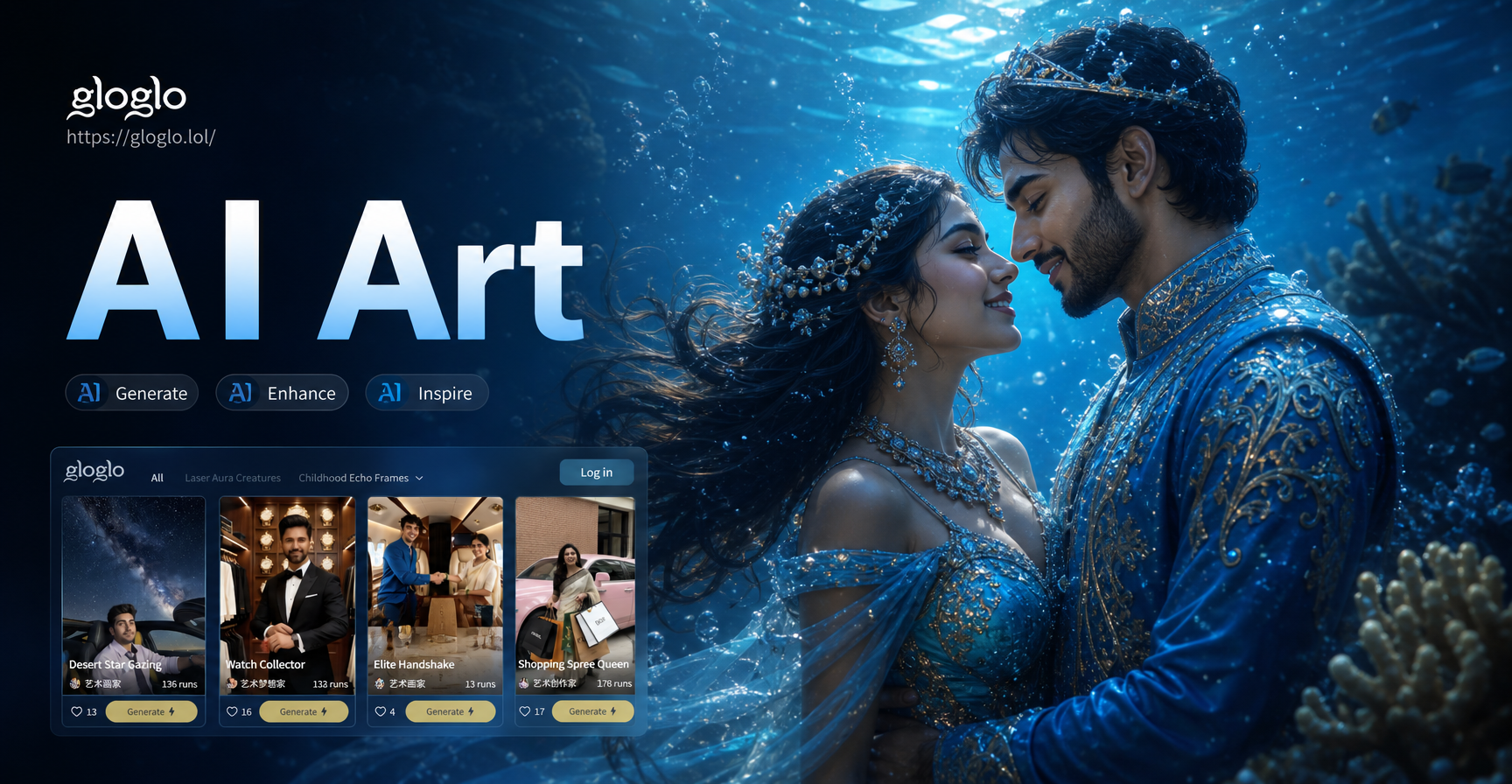 AI Underwater Couple Portrait example with ethereal lighting