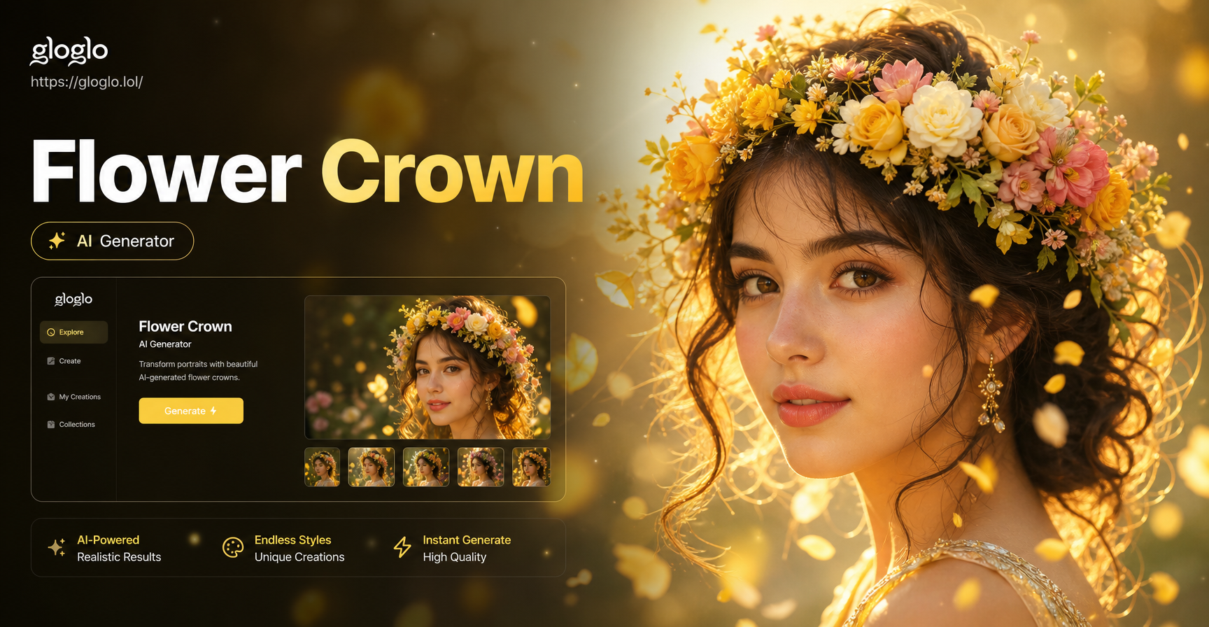 Before and after photo showing AI flower crown added