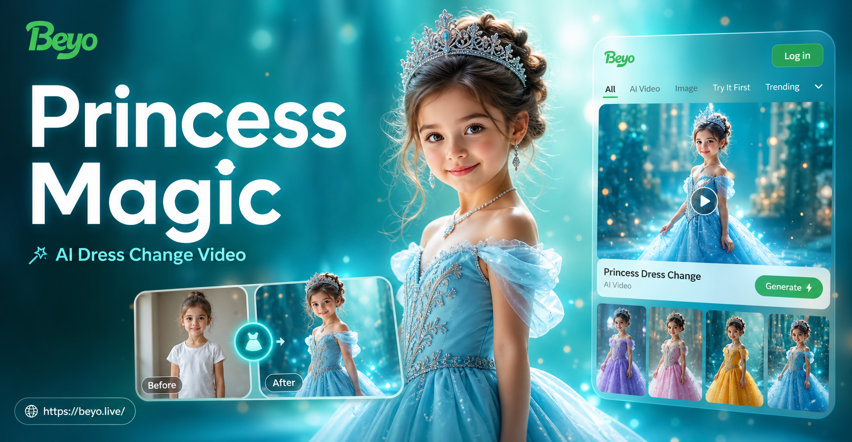 AI Princess transformation video from casual wear to royal ballgown