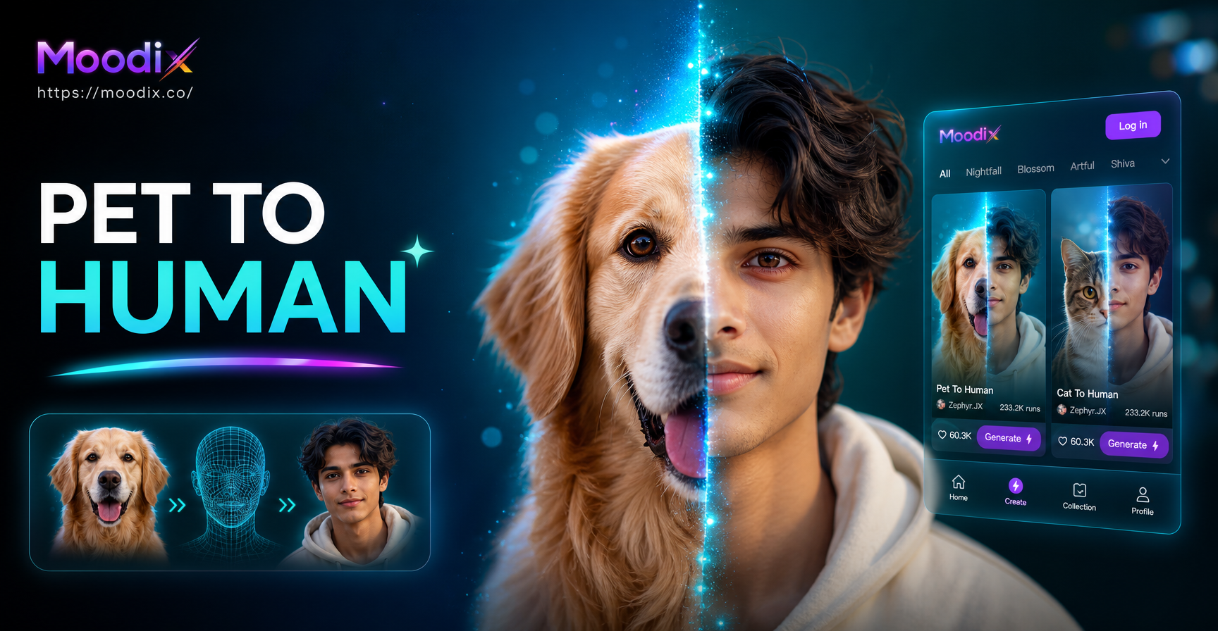 AI Pet to Human transformation example showing a cat becoming a person