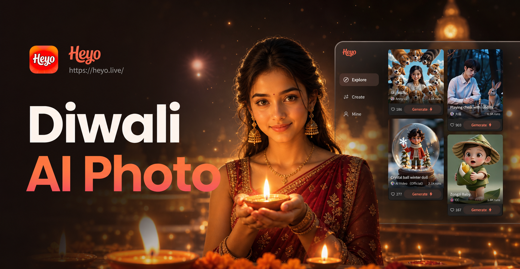 AI Diwali photo transformation showcasing festive effects on a family portrait