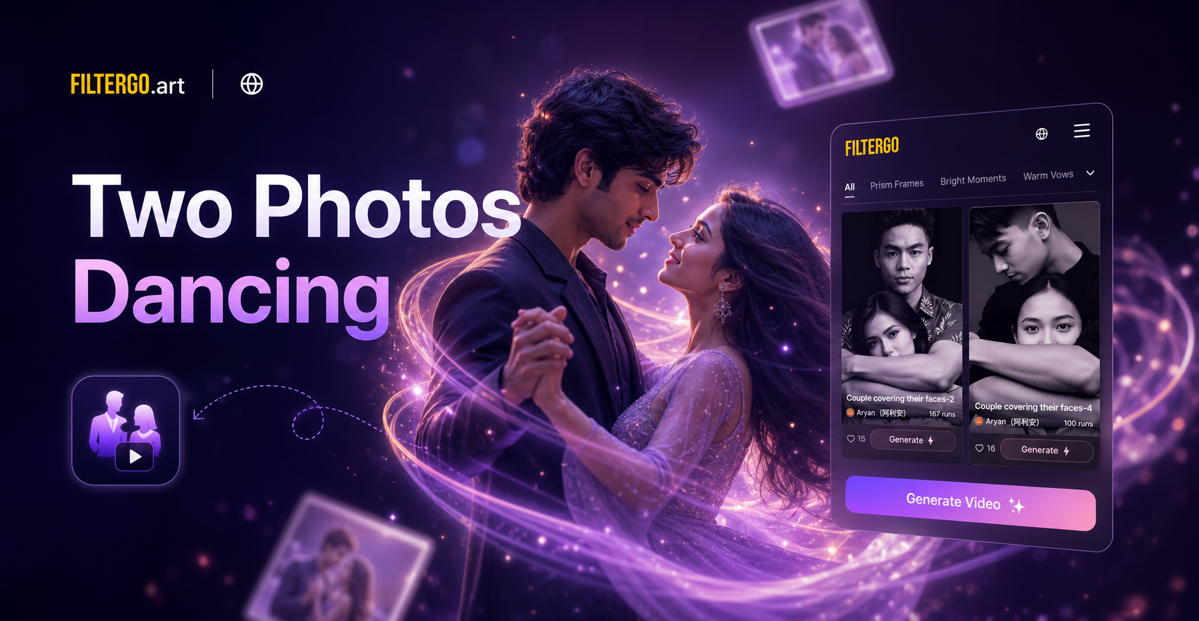 AI dancing video generator transforming two photos into a romantic couple dance animation