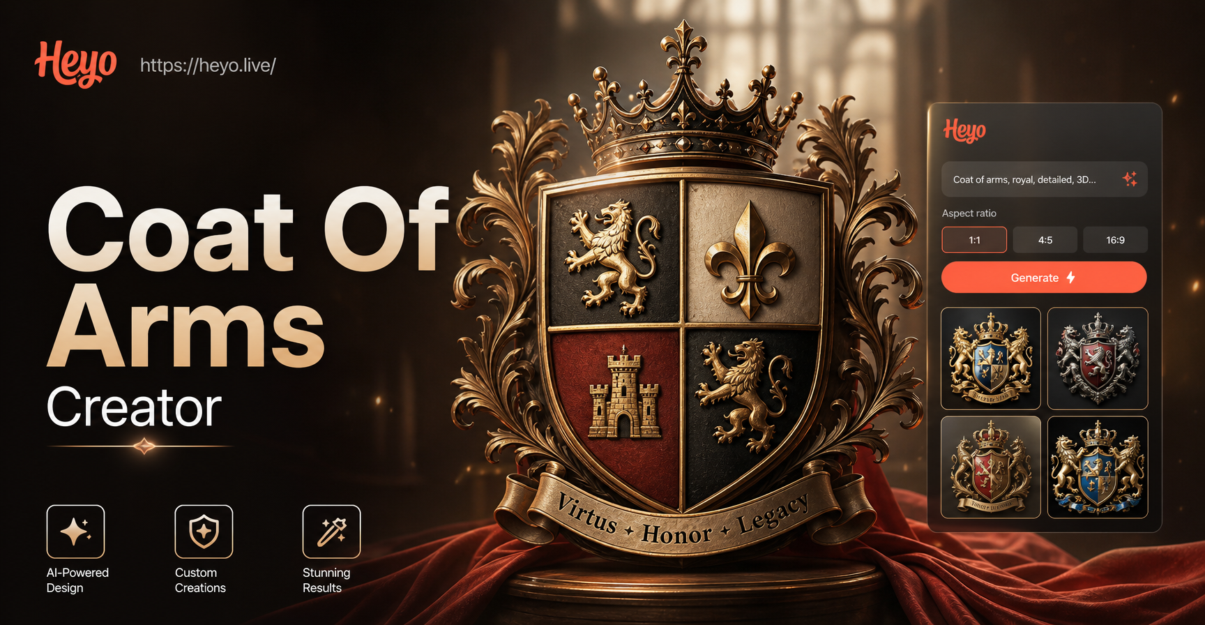 Coat of arms design examples with shields, lions, and heraldic symbols
