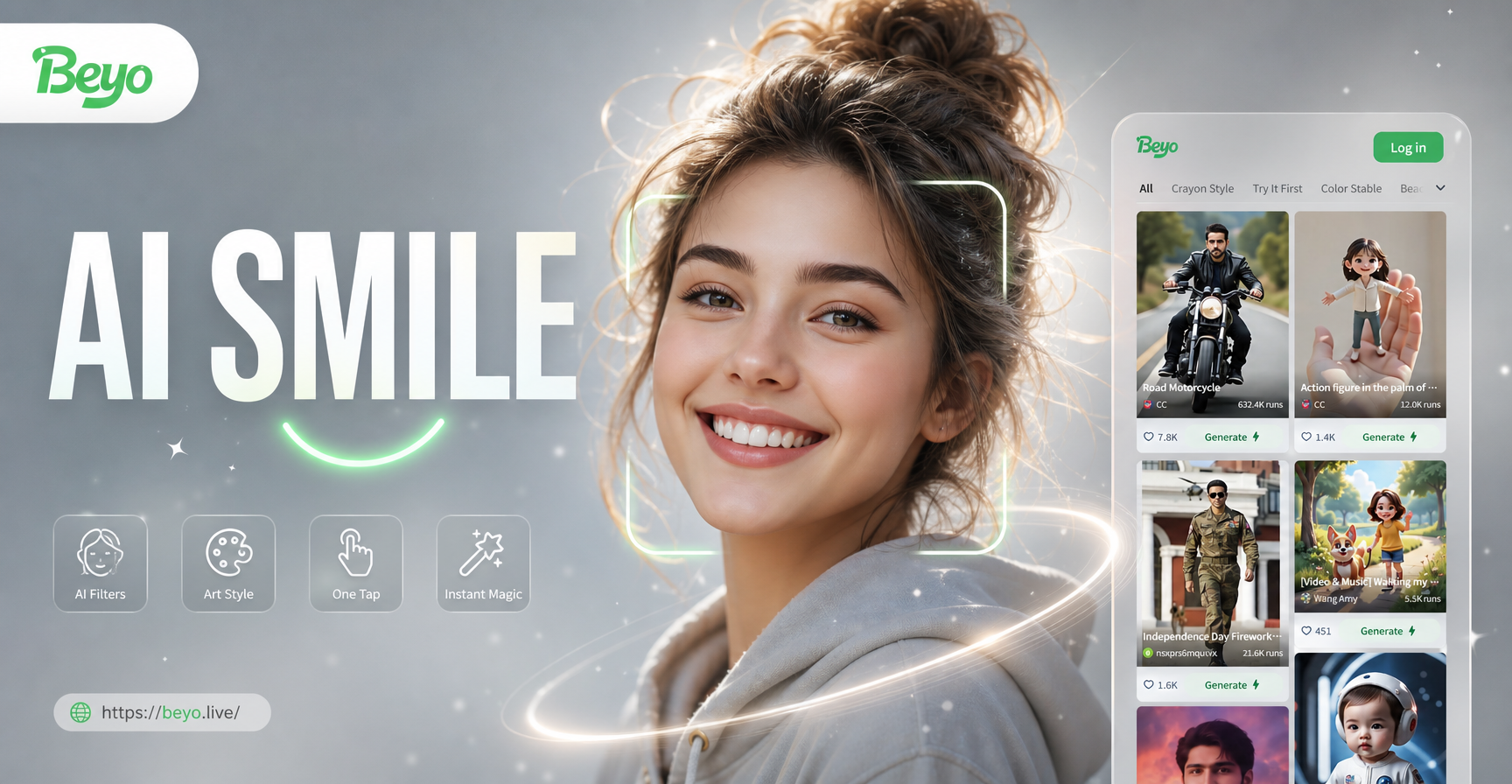 Before and after using the AI Smile Filter on a portrait