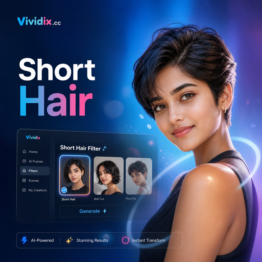 Resultado del filtro de pelo corto con IA mostrando una transformación dramática con corte pixie