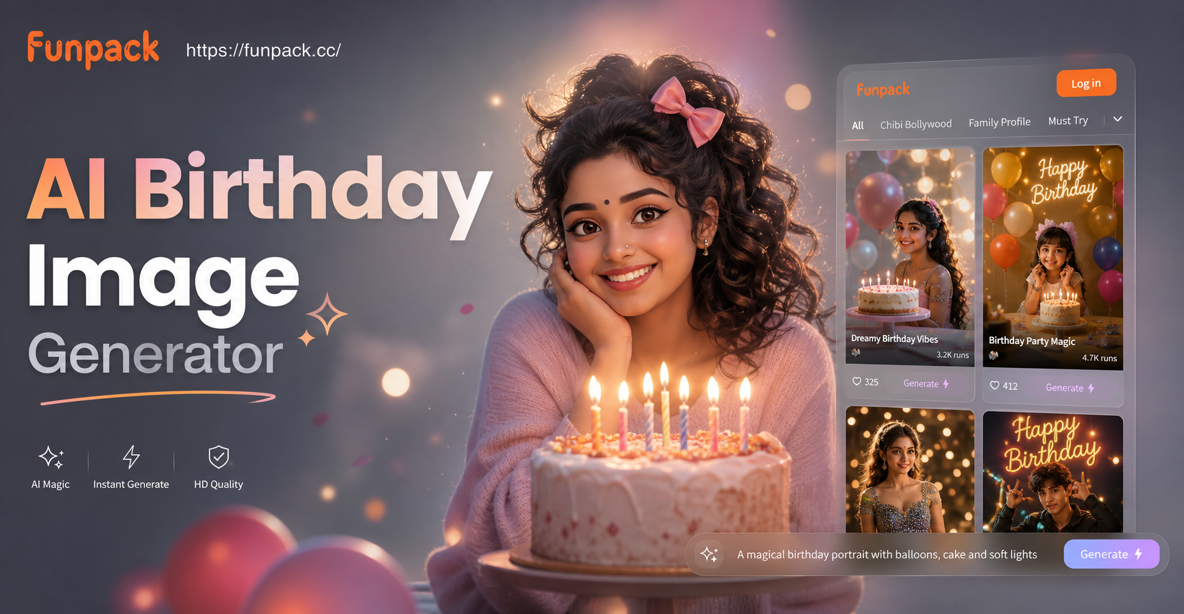 AI generated personalized birthday image with balloons and cake